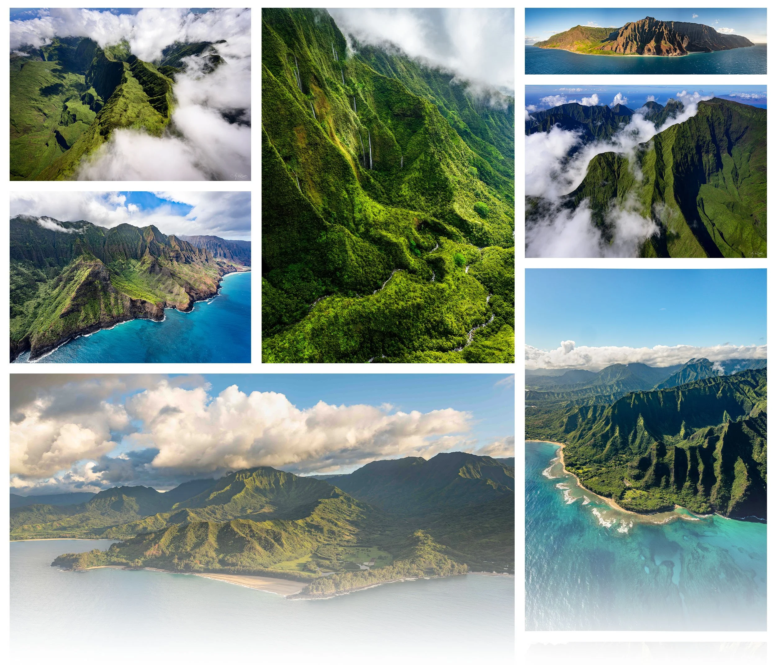 A Hawaii aerial landscape photography series by Cody Roberts featuring sweeping views of the islands topgraphy, including lush green mountainous landscapes, waterfalls, coastal cliffs, and dramatic ocean views.