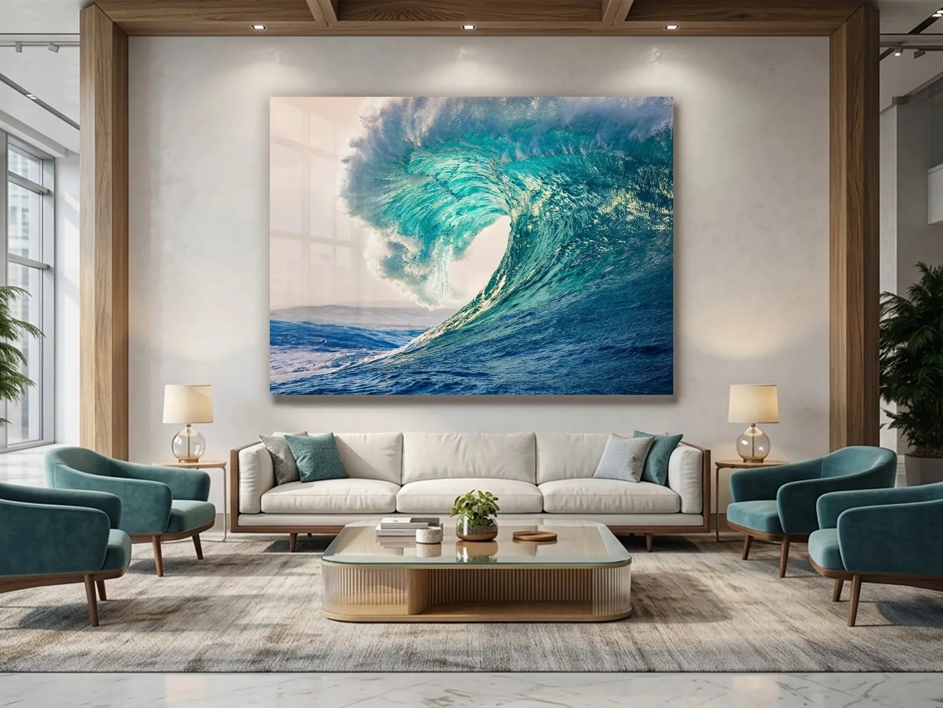 Large-scale Hawaii ocean wave acrylic fine art print by Cody Roberts displayed above sofa in luxury corporate lobby