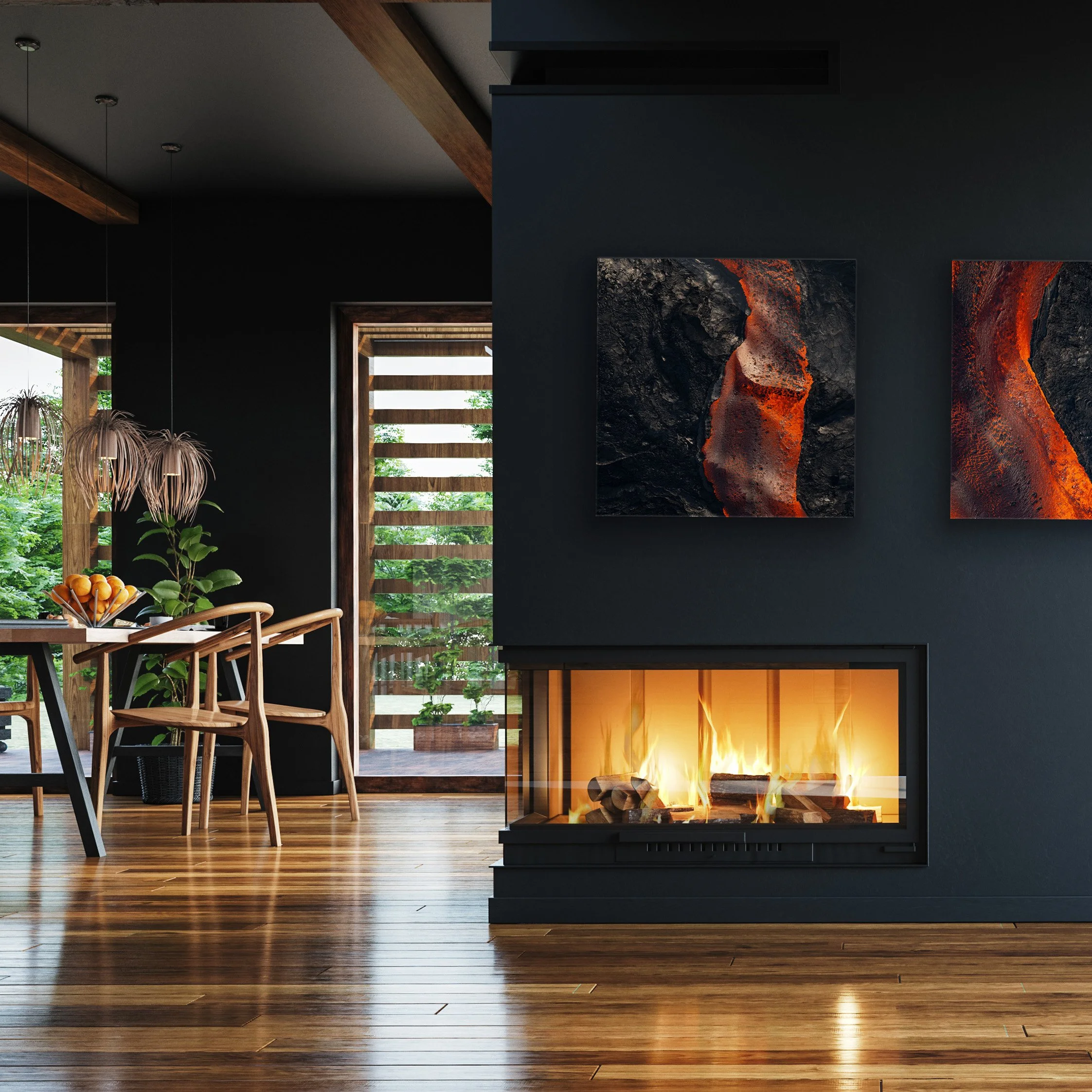 Abstract Lava Artwork Pairing Hanging In A Modern Luxury Home With Dark Walls and Wood-Floors
