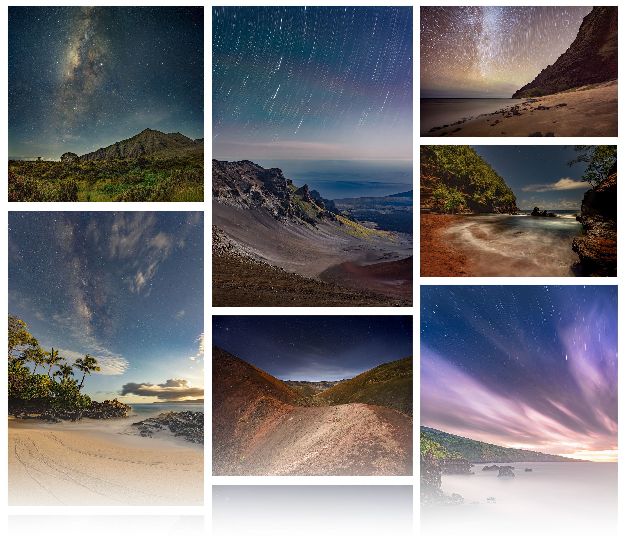 A Hawaii fine art photography collection by Cody Roberts highlighting the night skies, star trails, and moonlight over island lanscapes, including mountains, beaches, and dramatic coastal scenery.