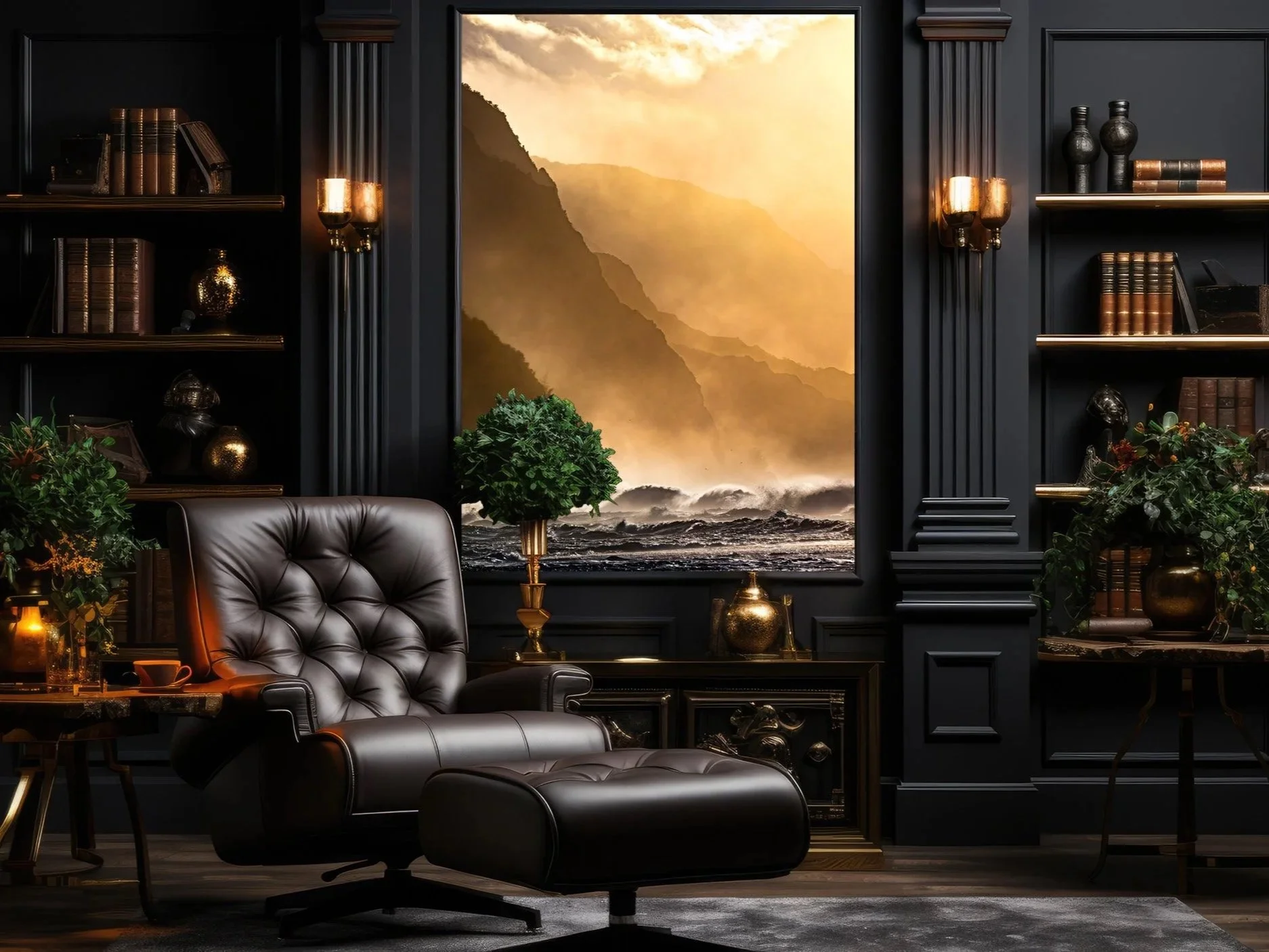 Large-scale Na Pali Coast Kauai sunset fine art photography print by Cody Roberts displayed in a dark luxury library