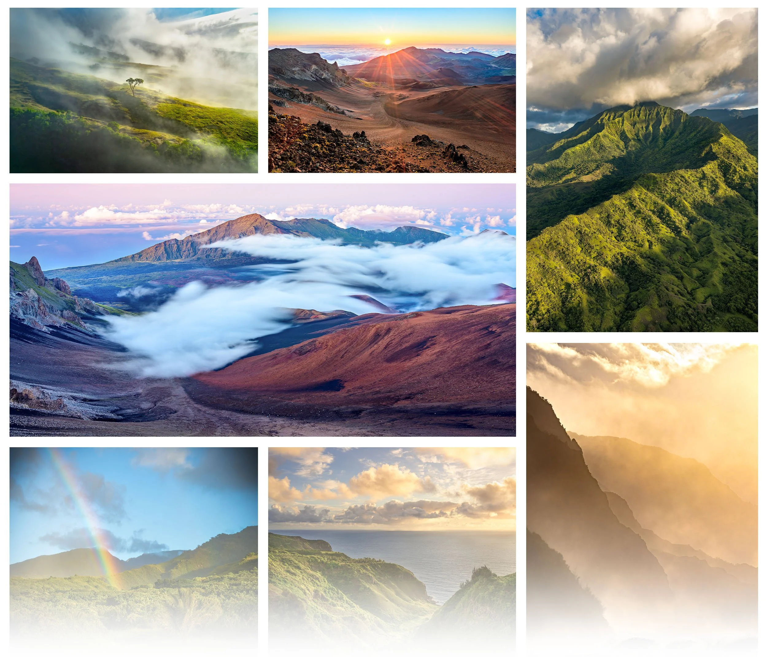 Hawaii landscape photography collection by Cody Roberts featuring fine art images of lush green mountains, volcanoes, sea cliffs, and dramatic clouds in cinematic lighting