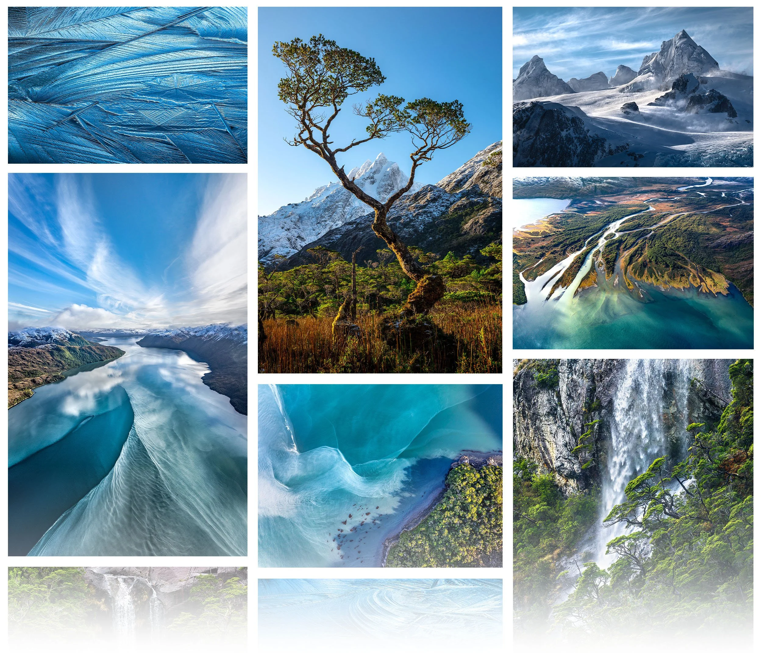 A seven-image collage featuring fine art photographs from the fjords of Patagonia by Cody Roberts