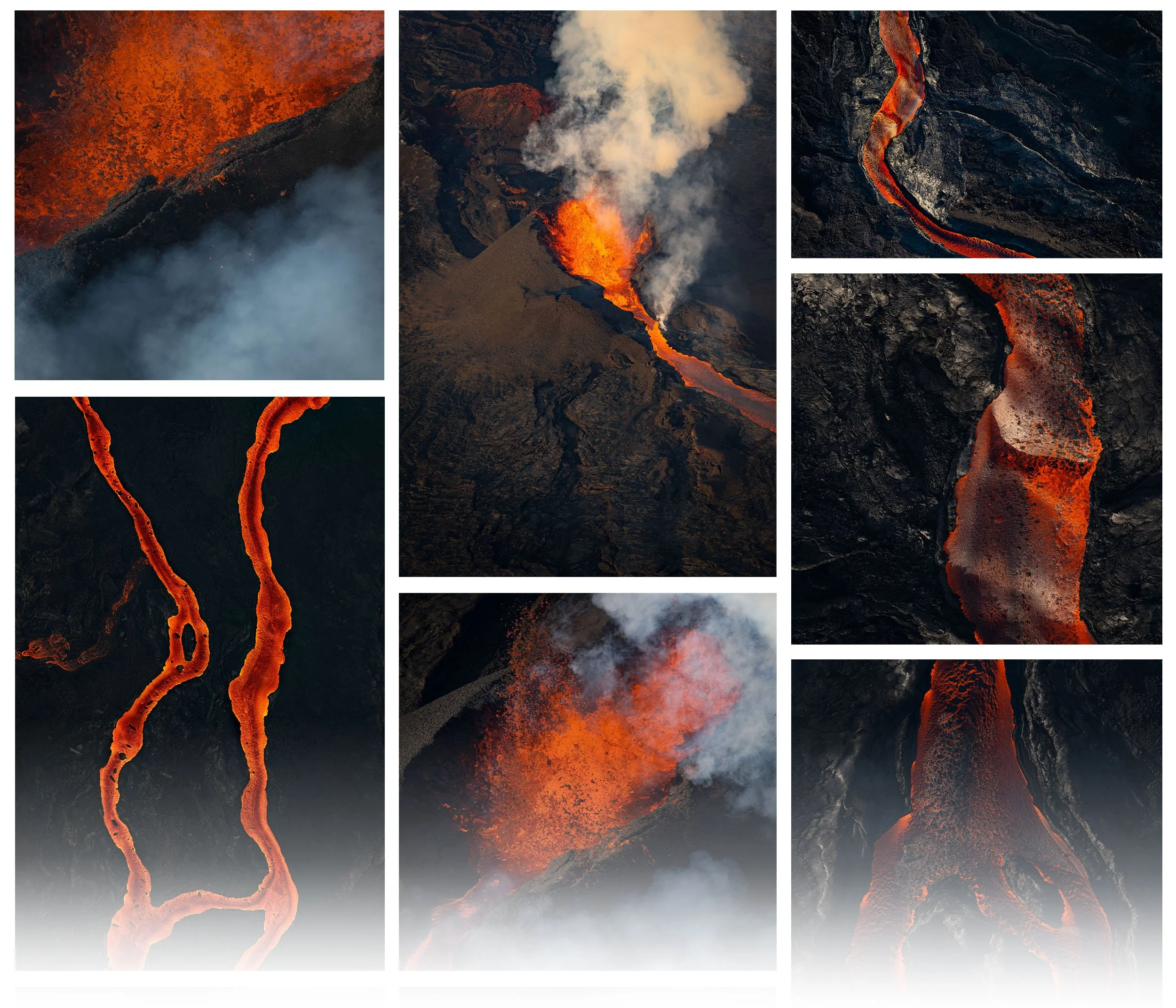 Hawaii volcano fine art photography series by Cody Roberts featuring the Mauna Loa eruption with flowing lava, ash plumes, and molten lava streams in black volcanic terrain.
