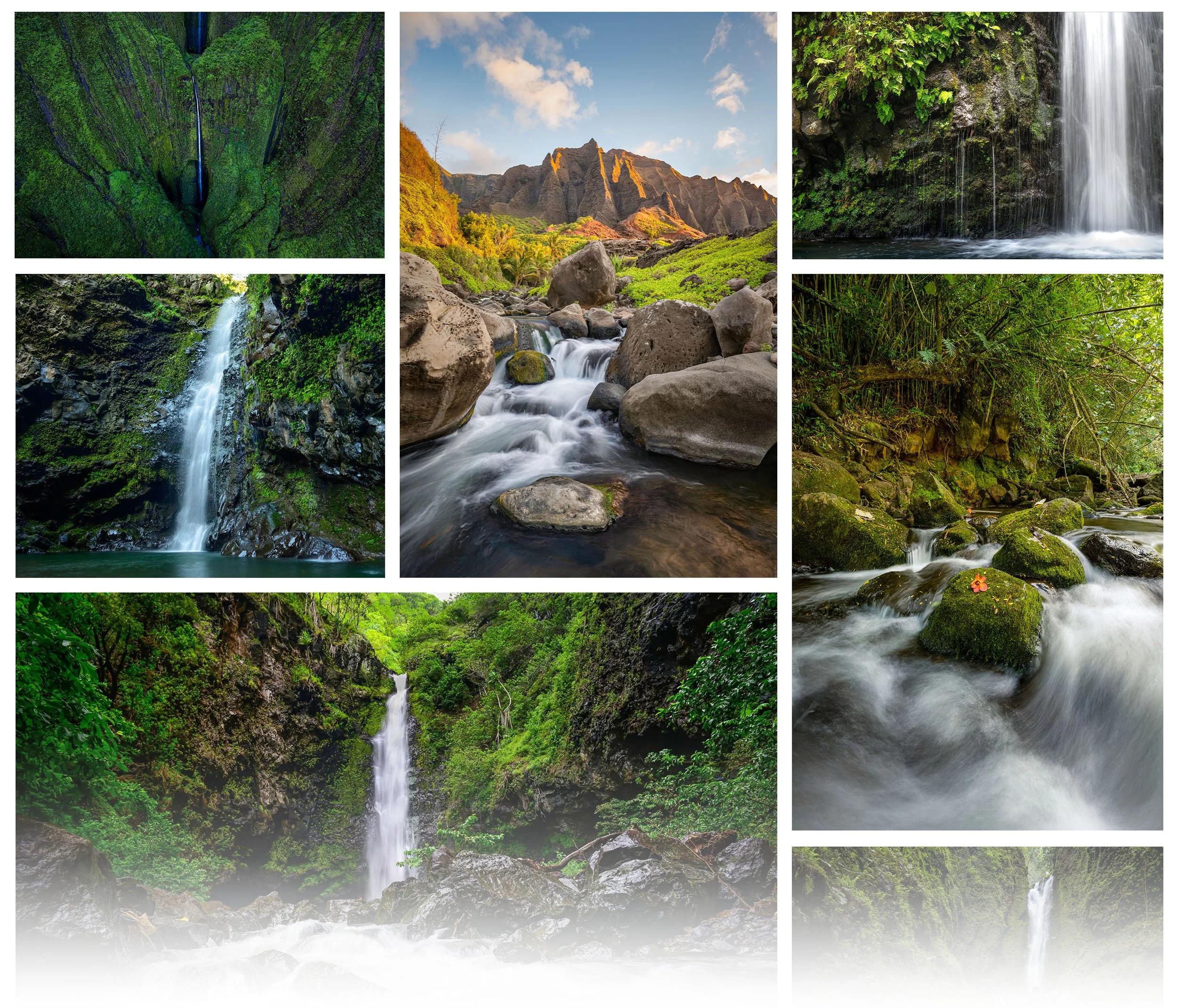 Hawaii nature photography series by Cody Roberts featuring scenic waterfalls in lush green tropical and mountainous landscapes, cascading water over rocks and dense vegetation.