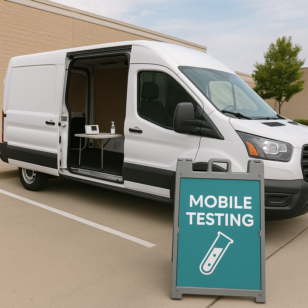 Mobile testing van with an open side door, a small table with a hand sanitizer and a device, and a sign that reads "Mobile Testing" with a test tube icon outside.