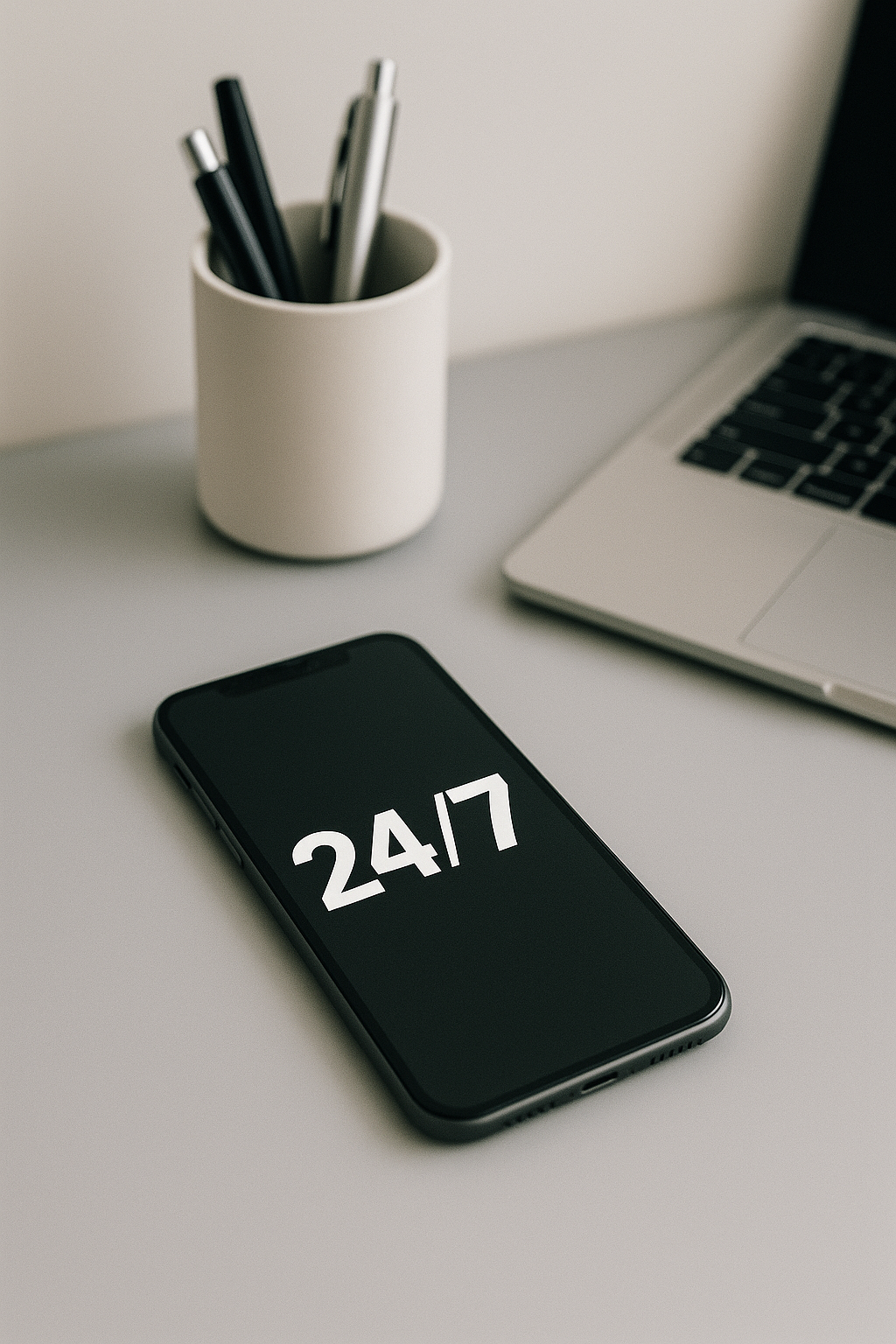 An iPhone lying face up on a desk displaying the time 24:17, with a laptop and a white pen holder containing black and silver pens in the background.