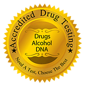 Gold badge with black text and a yellow circle in the center that reads "Drugs, Alcohol, DNA" and surrounding text "Accredited Drug Testing" and "Need a Test, Choose The Best".