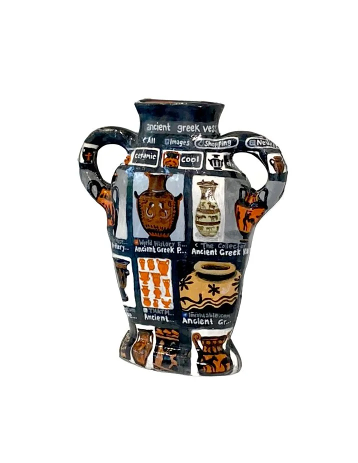"research vase", earthenware, underglaze, and glaze. 12" x 10" x 3"