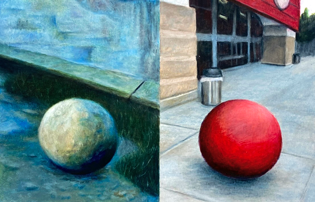 "dark souls boulder v. target red ball", colored pencil on paper, each 6" x 8"