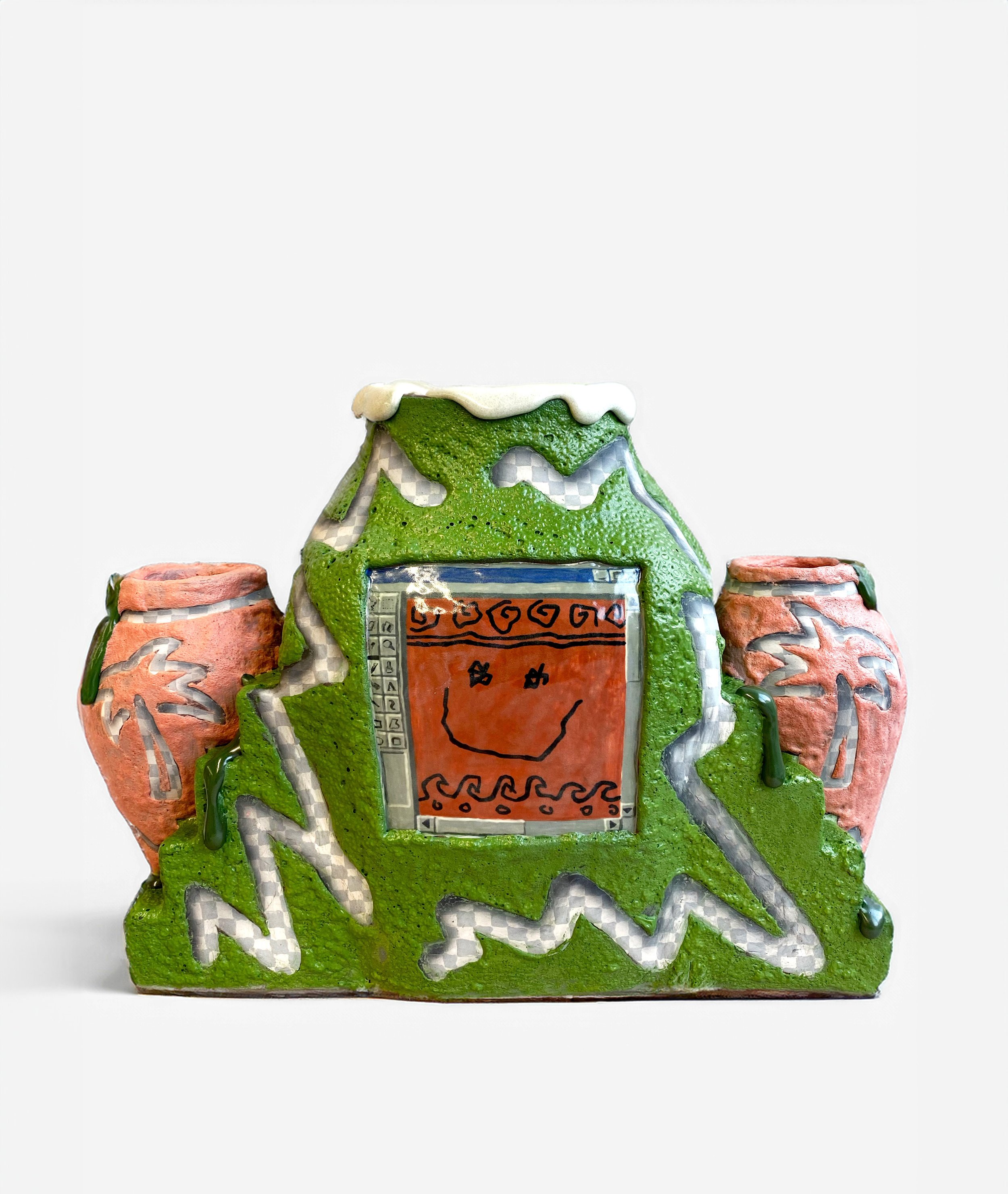 "shrine to MS paint", earthenware, glaze, underglaze, 20" x 18" x 10"