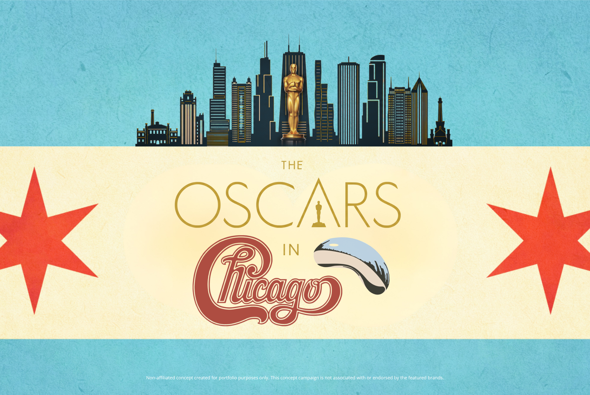 Graphic design depicting the Chicago skyline in the background with a golden Oscar statue in the center. The text reads 'The Oscars in Chicago,' with red stars on either side of the text.