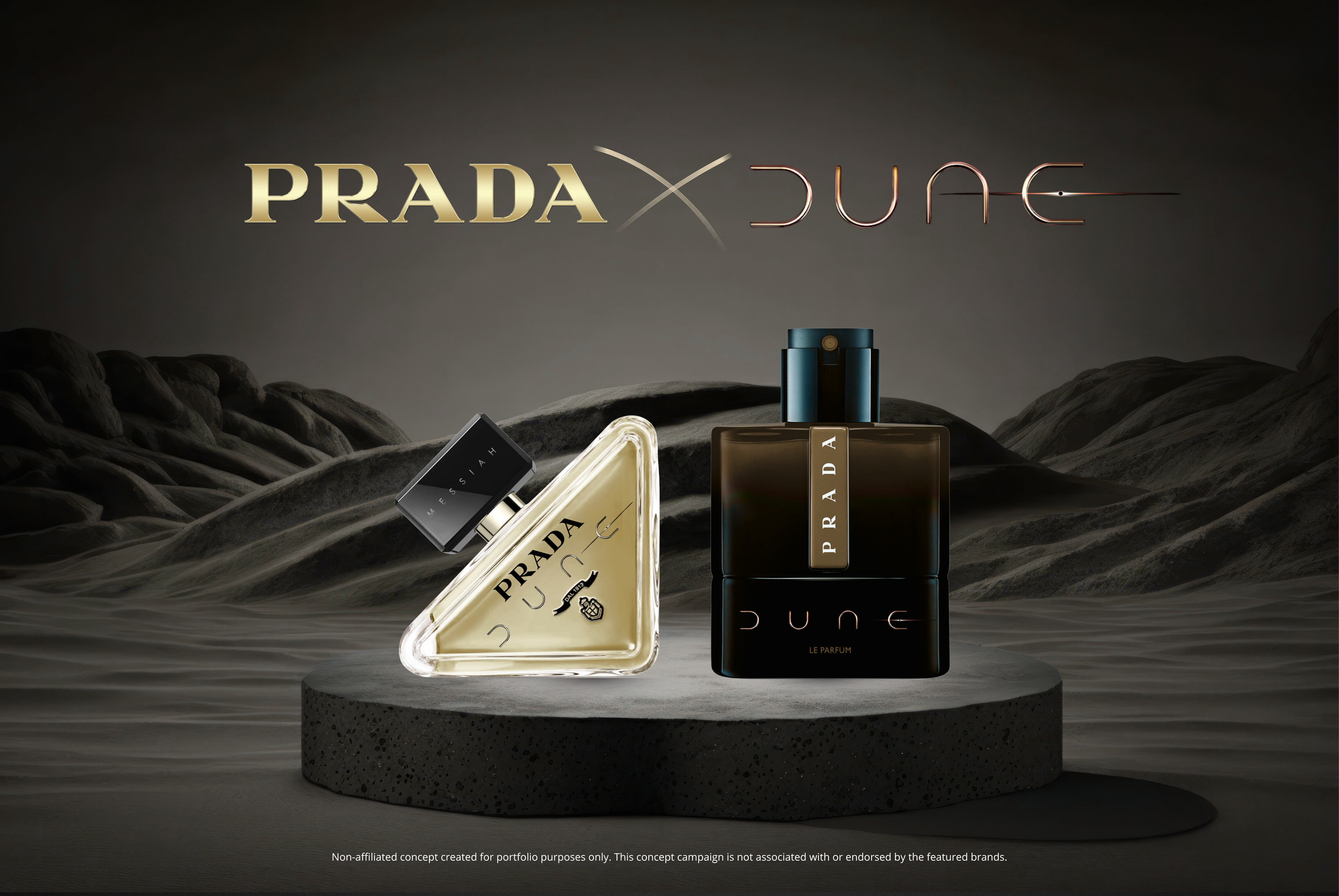 Two Prada perfume bottles on a round textured platform with a mountainous landscape in the background. The left bottle is triangular with a black cap and labeled 'Messiah,' and the right bottle is rectangular with a blue cap, labeled 'Prada Luna Rossa.' The brands Prada and Dune are displayed above the products.