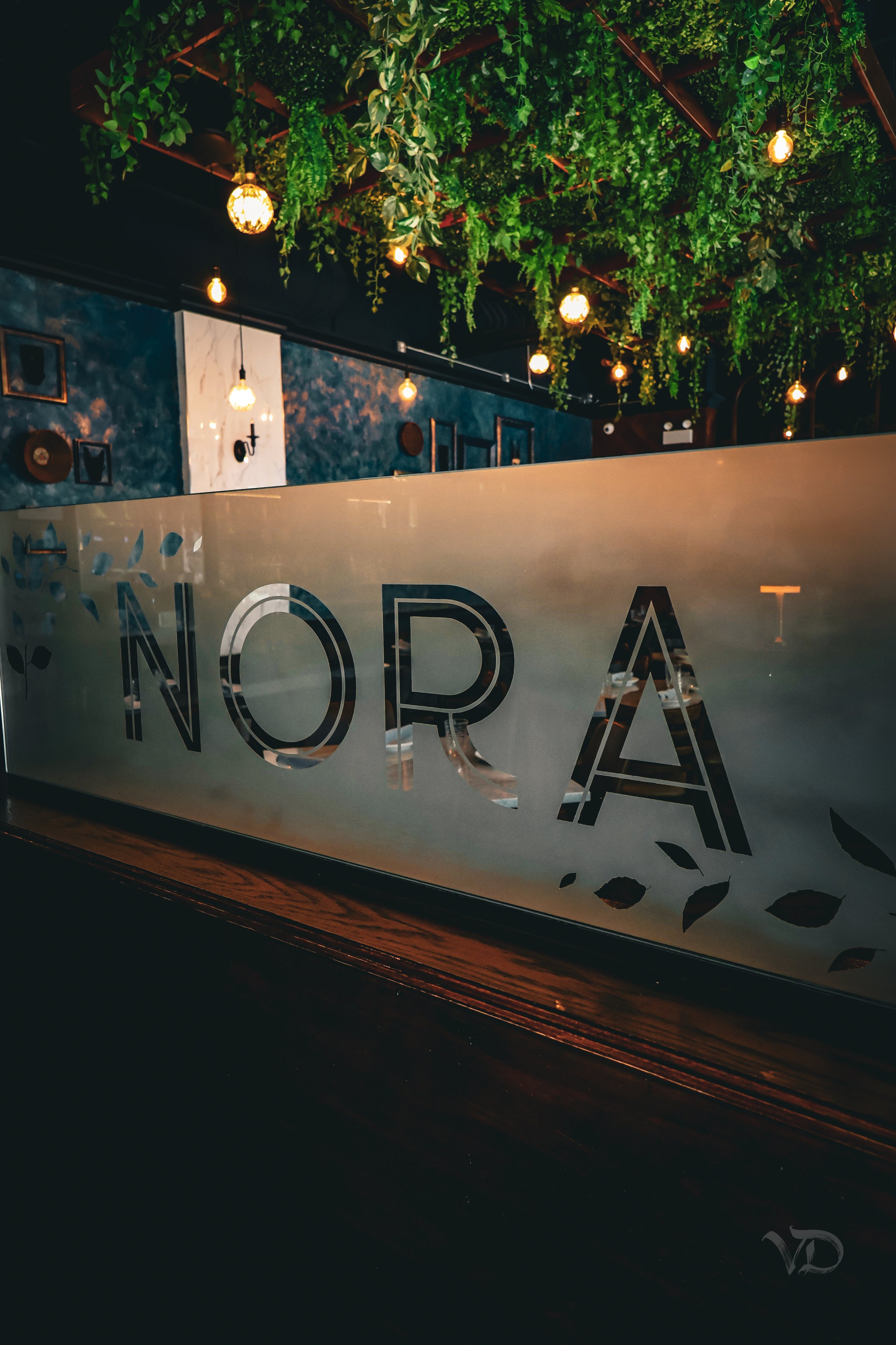 A restaurant named Nora with a frosted glass window displaying its name, inside there's a ceiling decorated with lush green plants and hanging Edison-style light bulbs.