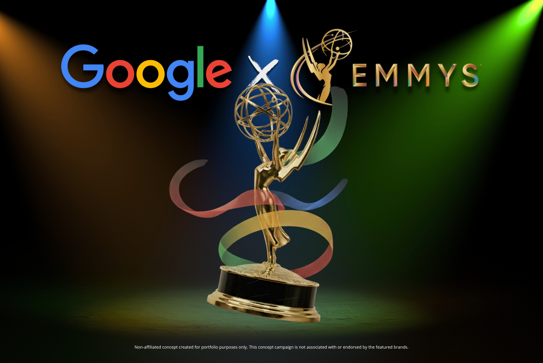 Google and Emmy logos with Emmy trophy in the center, illuminated by colorful spotlights on a dark background.