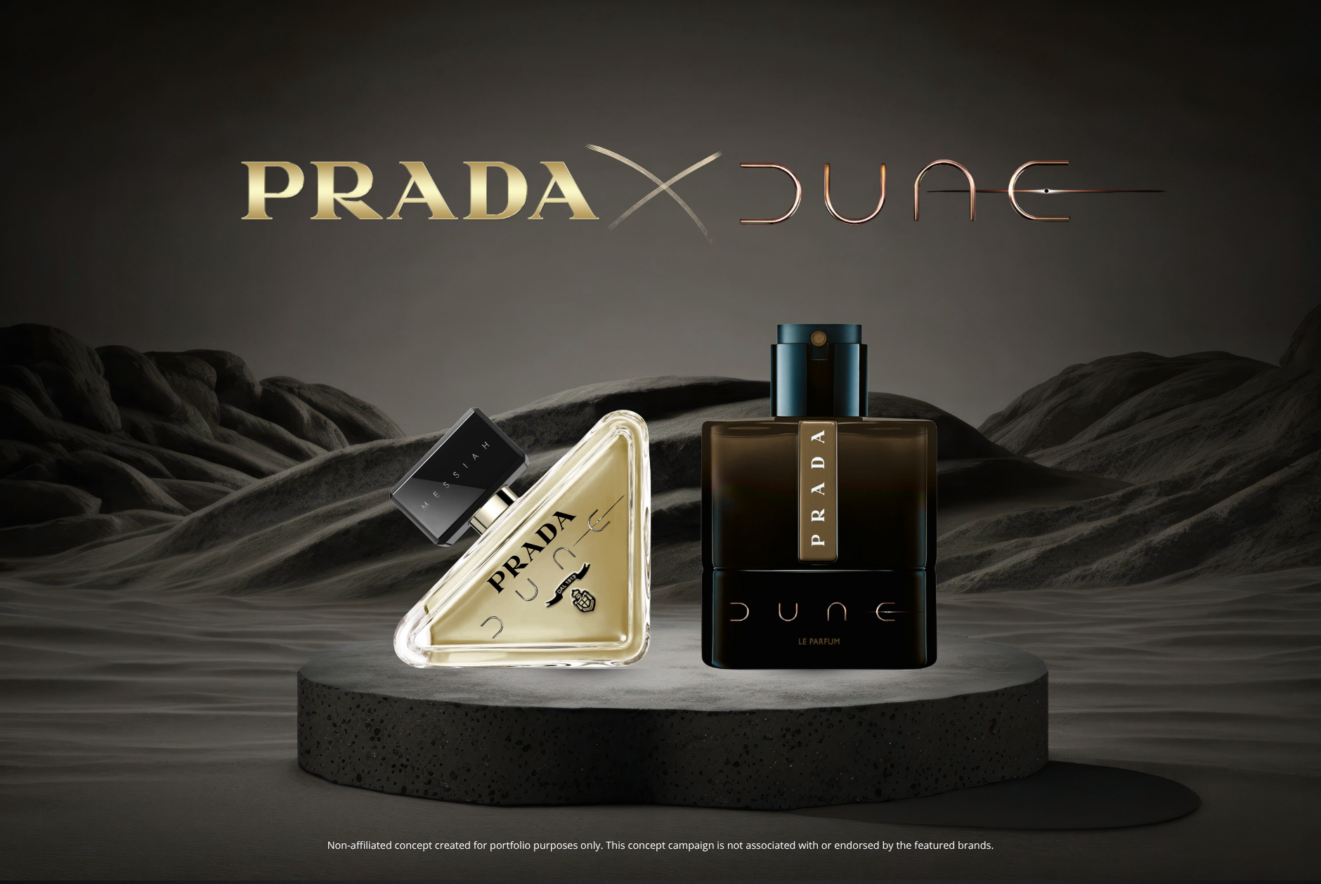 Two Prada perfume bottles on a circular platform with a rocky landscape background and the Prada x Dune logo above.