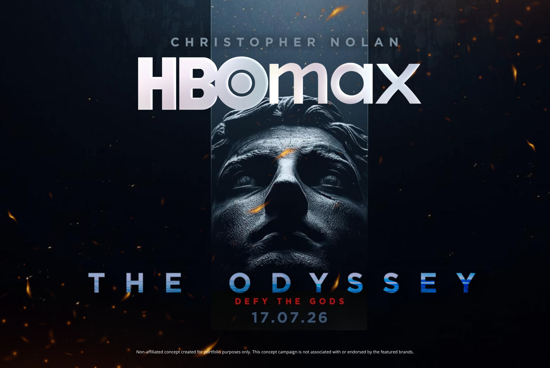 Promotional poster for an HBO Max series 'The Odyssey' featuring a androgynous face sculpture with a dark background and fiery sparks, release date July 17, 2026, with tagline 'Defy the Gods'.