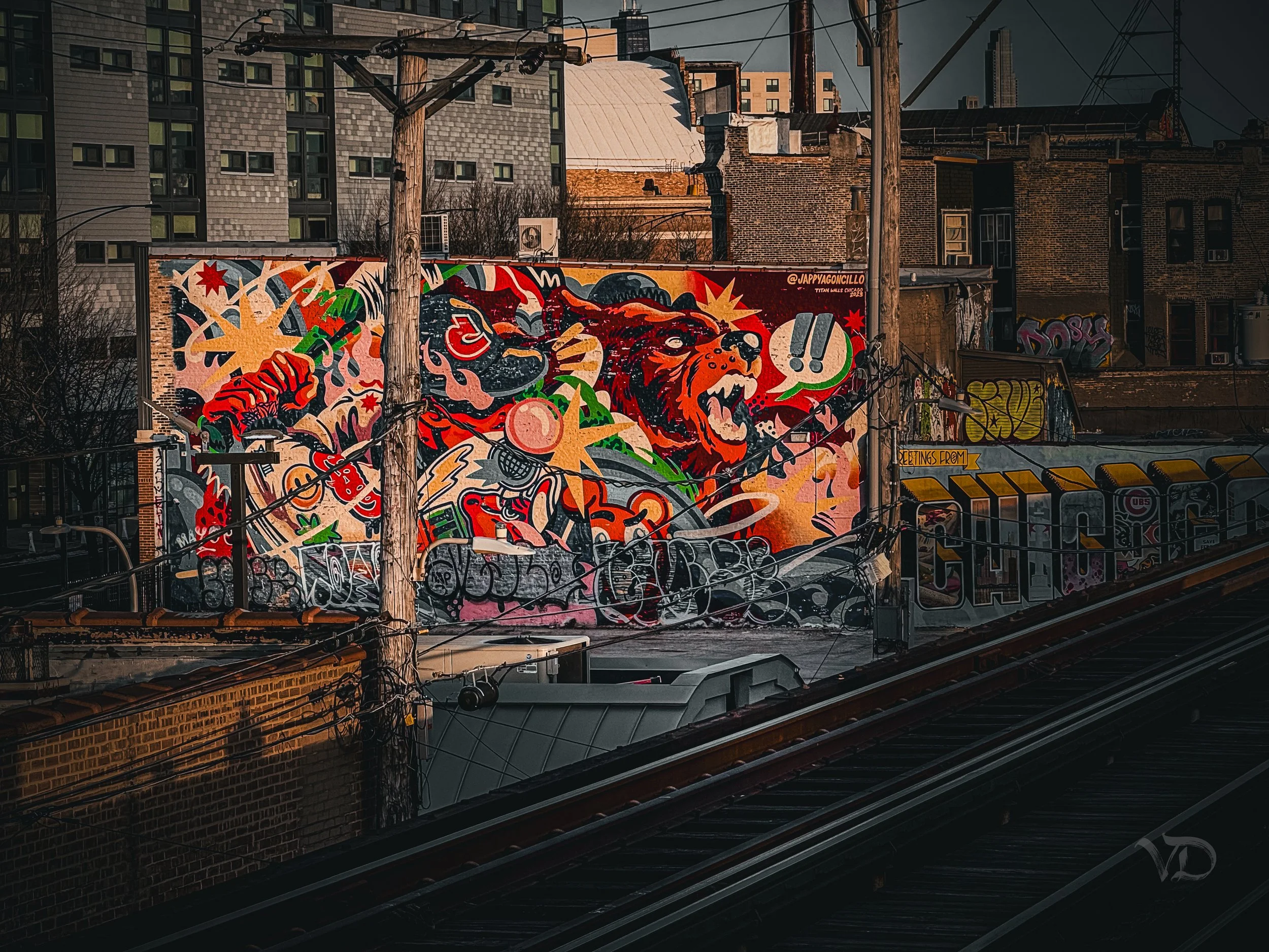 Colorful graffiti mural featuring a roaring lion on an urban brick building wall, surrounded by various vibrant designs and characters, with overhead electrical wires and train tracks in the foreground.
