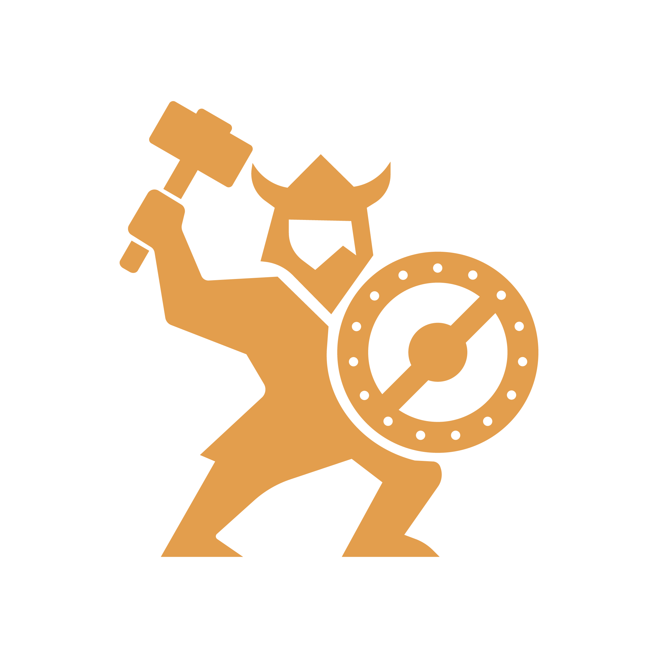 A stylized cartoon figure of a Viking with a hammer and a shield.