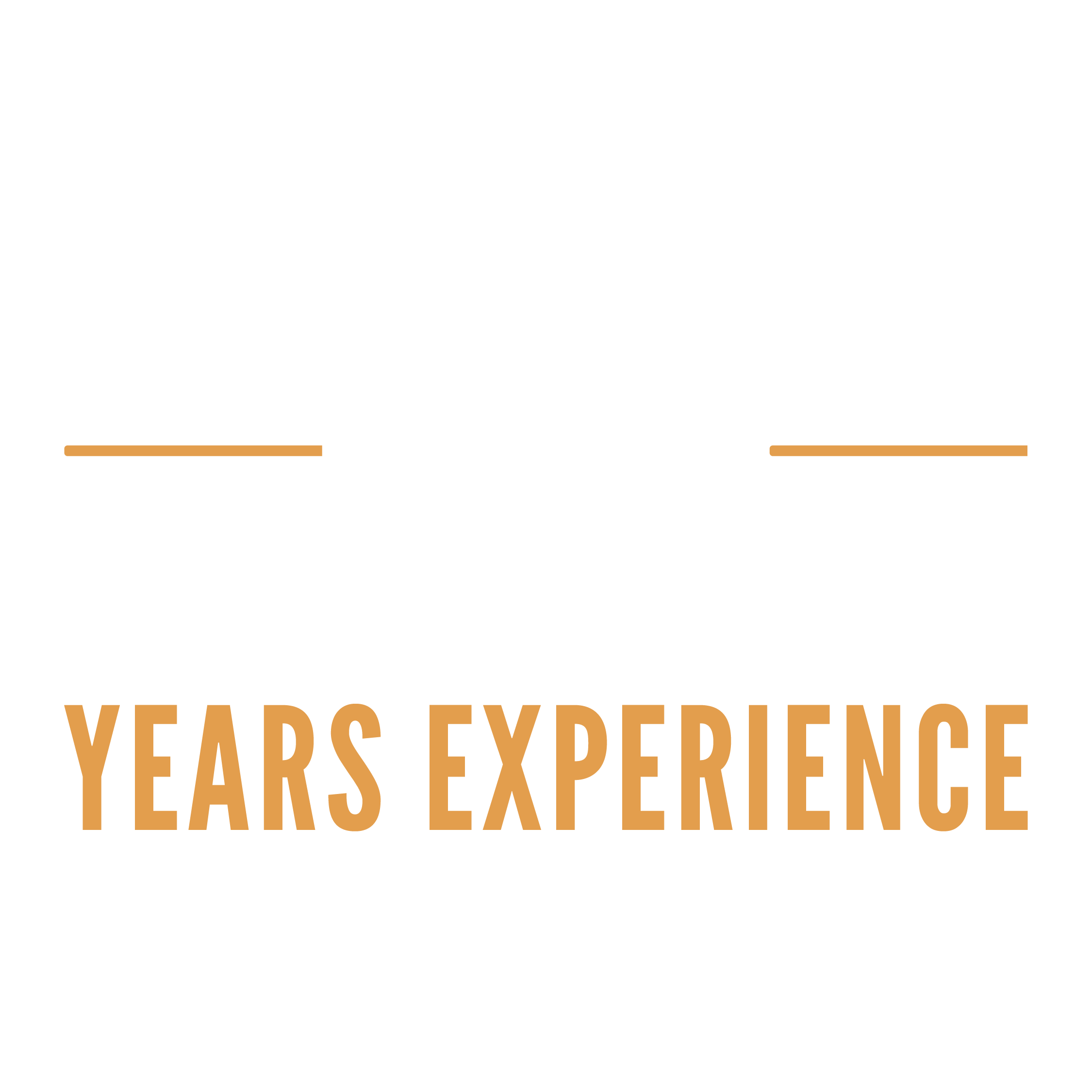 Graphic displaying '30 Years Experience' with large '30' in white and 'Years Experience' in brown text on black background.