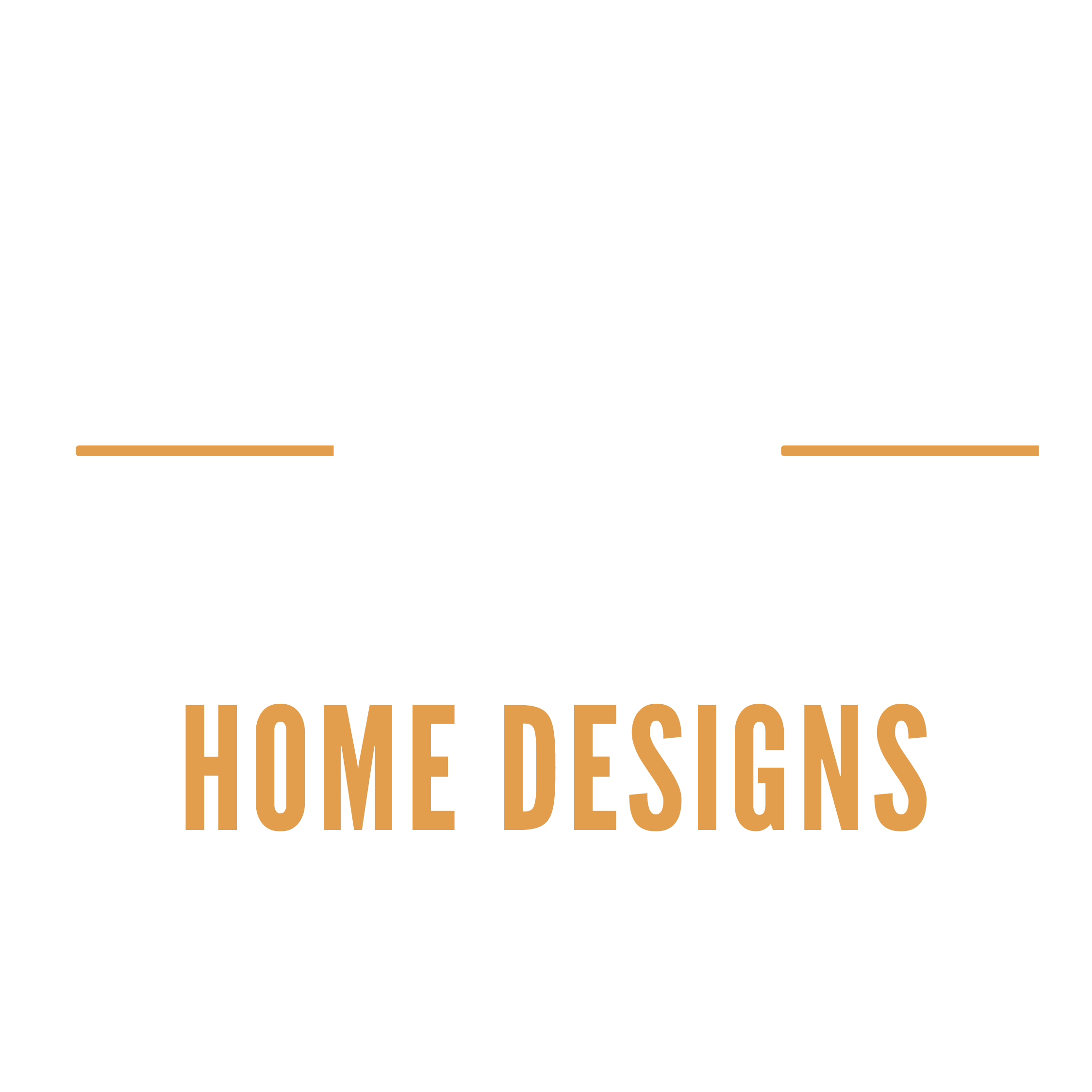 Typography graphic with large white number '20' centered above the words 'Home Designs' in orange, set against a black background with orange lines on either side of the number.