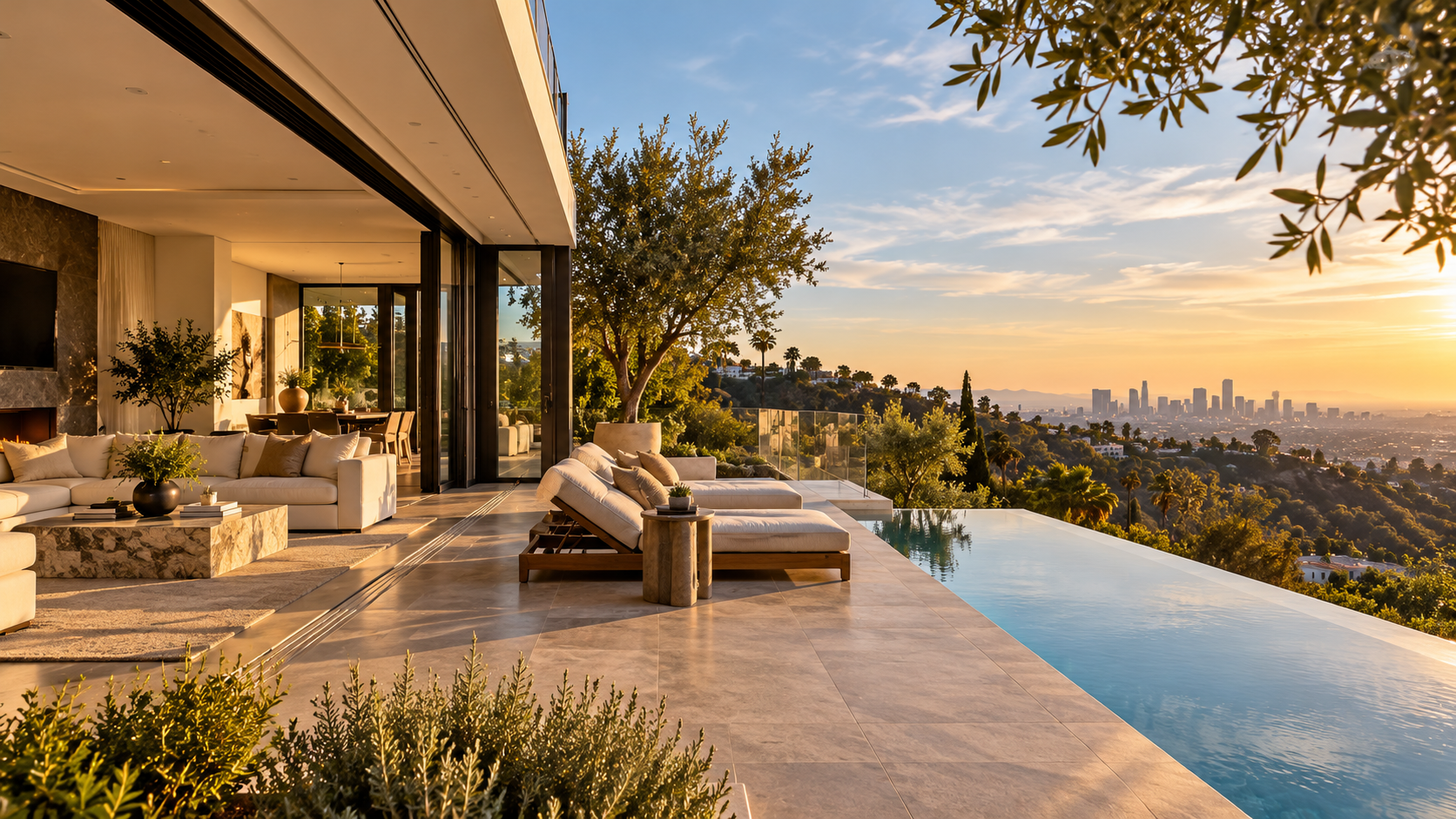 Luxury Hollywood Hills home featuring seamless indoor-outdoor living, floor-to-ceiling glass doors, an expansive terrace, infinity pool, and panoramic Los Angeles skyline views at sunset.