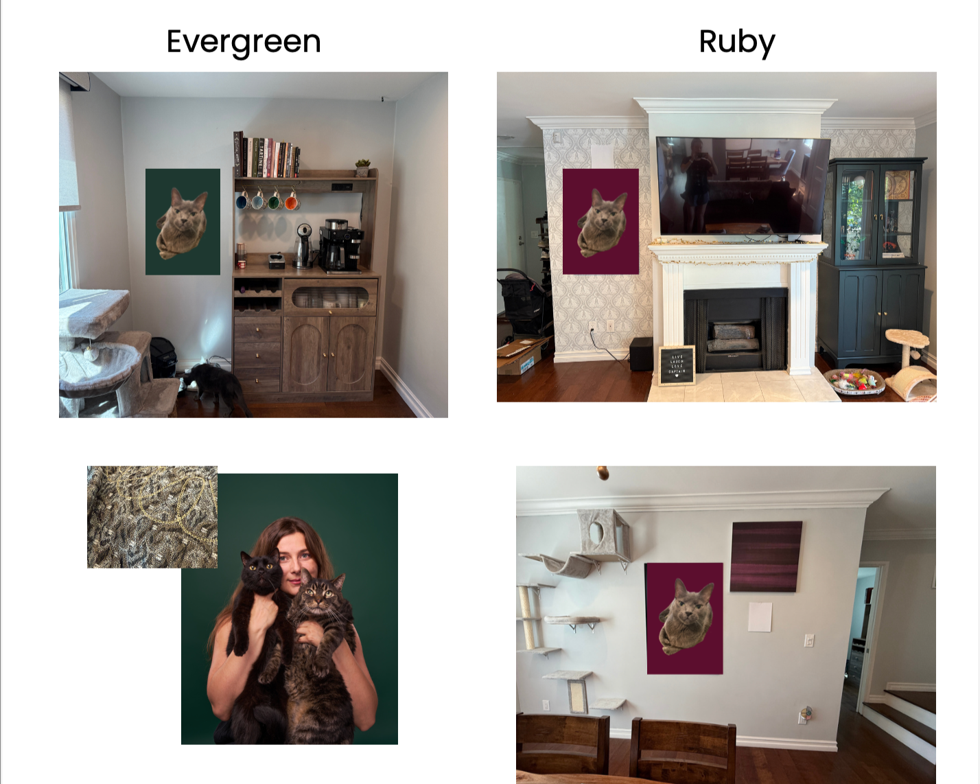 Mockup designs of possible cat portraits in an LA home