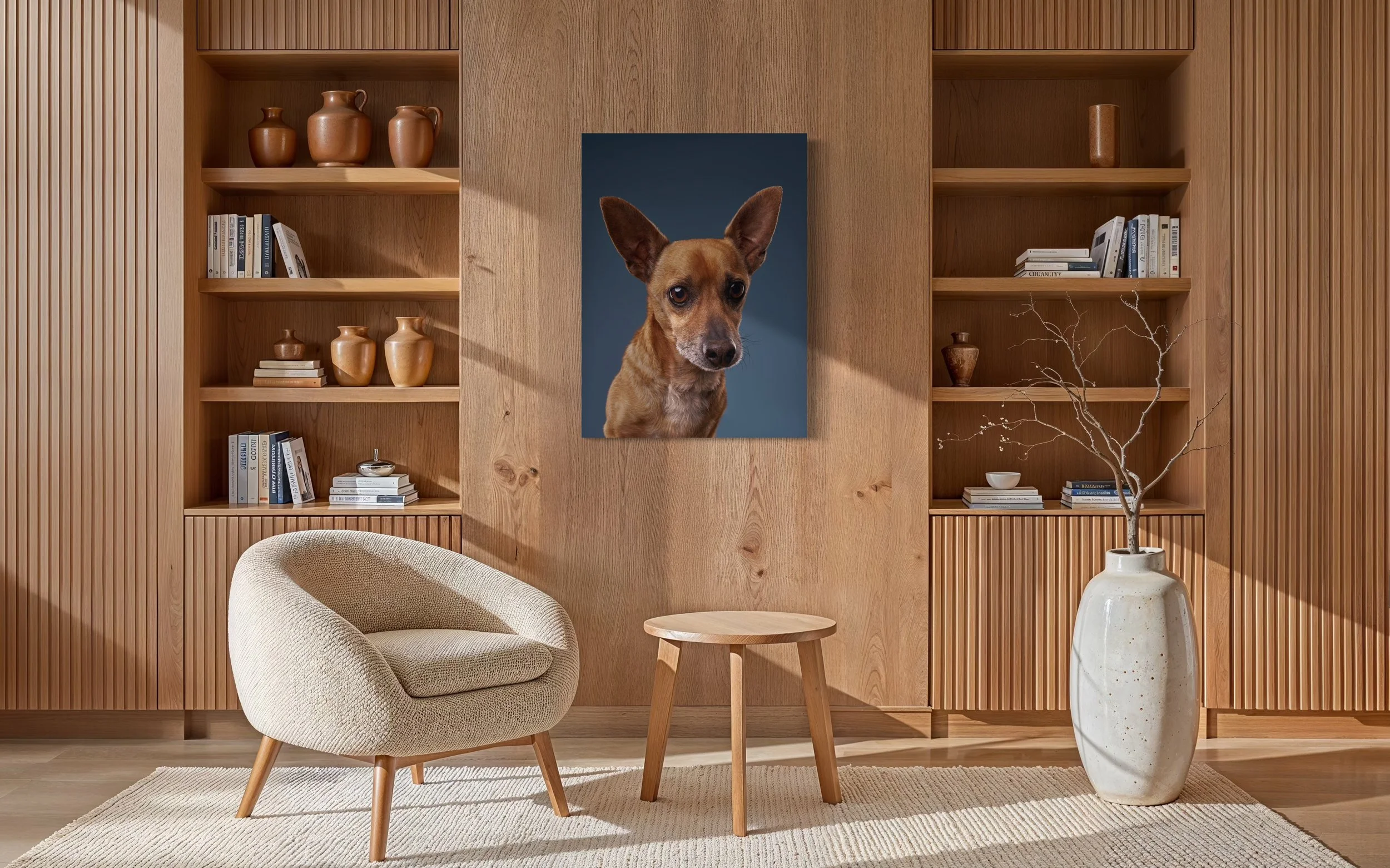 Portrait of an anxious dog hanging on wall of a living room in Los Angeles