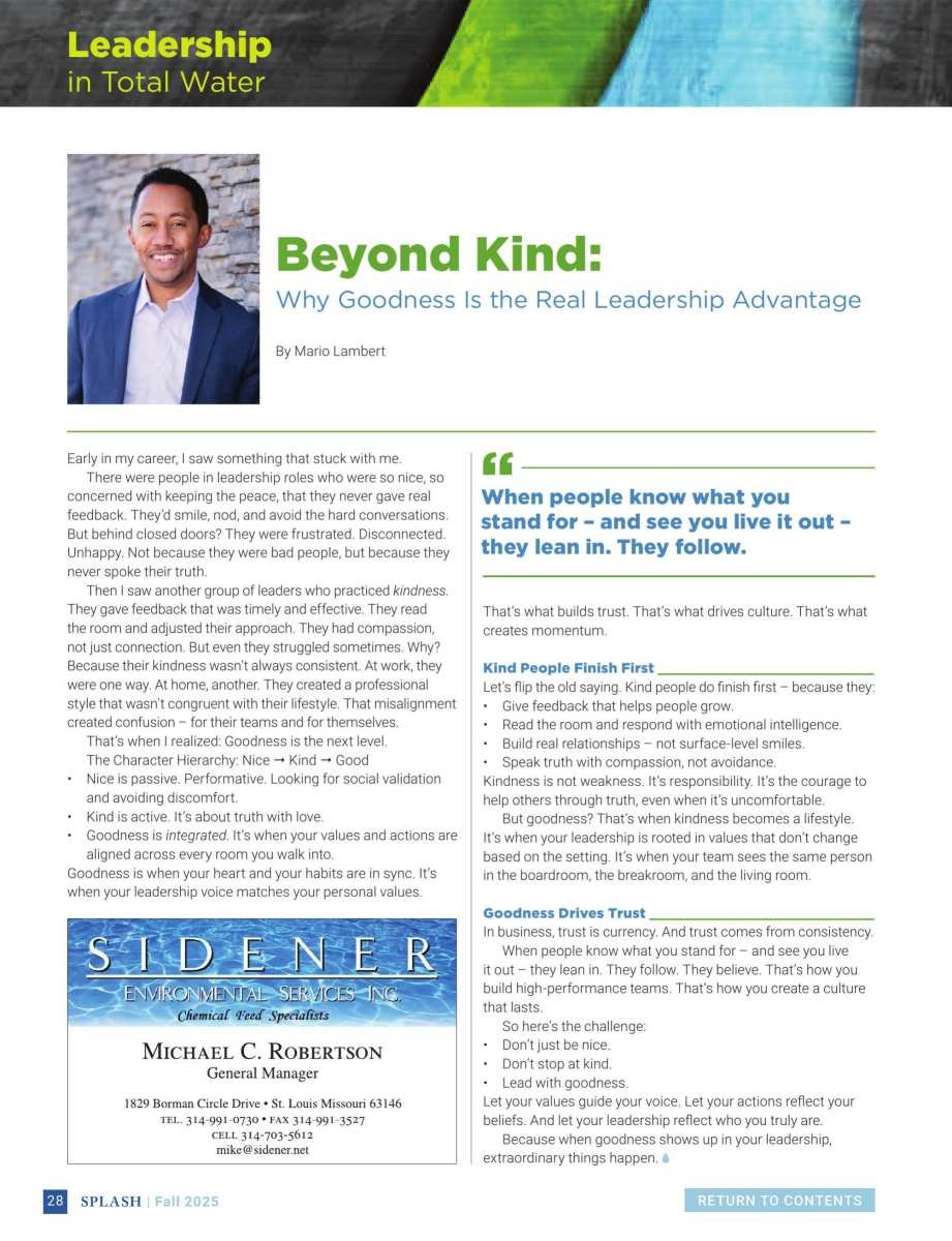 A magazine article titled 'Beyond Kind: Why Goodness Is the Real Leadership Advantage' by Mario Lambert, featuring a smiling man in a blue suit, with text about leadership qualities including kindness, integrity, and trust. There is an advertisement at the bottom for environmental services.