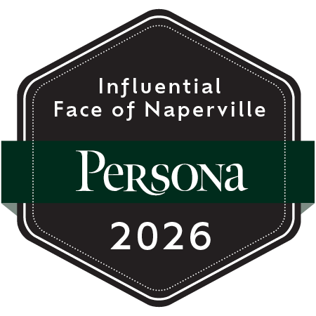 Badge design with black background, green stripe, and white text that reads "Influential Face of Naperville, Persona 2026".