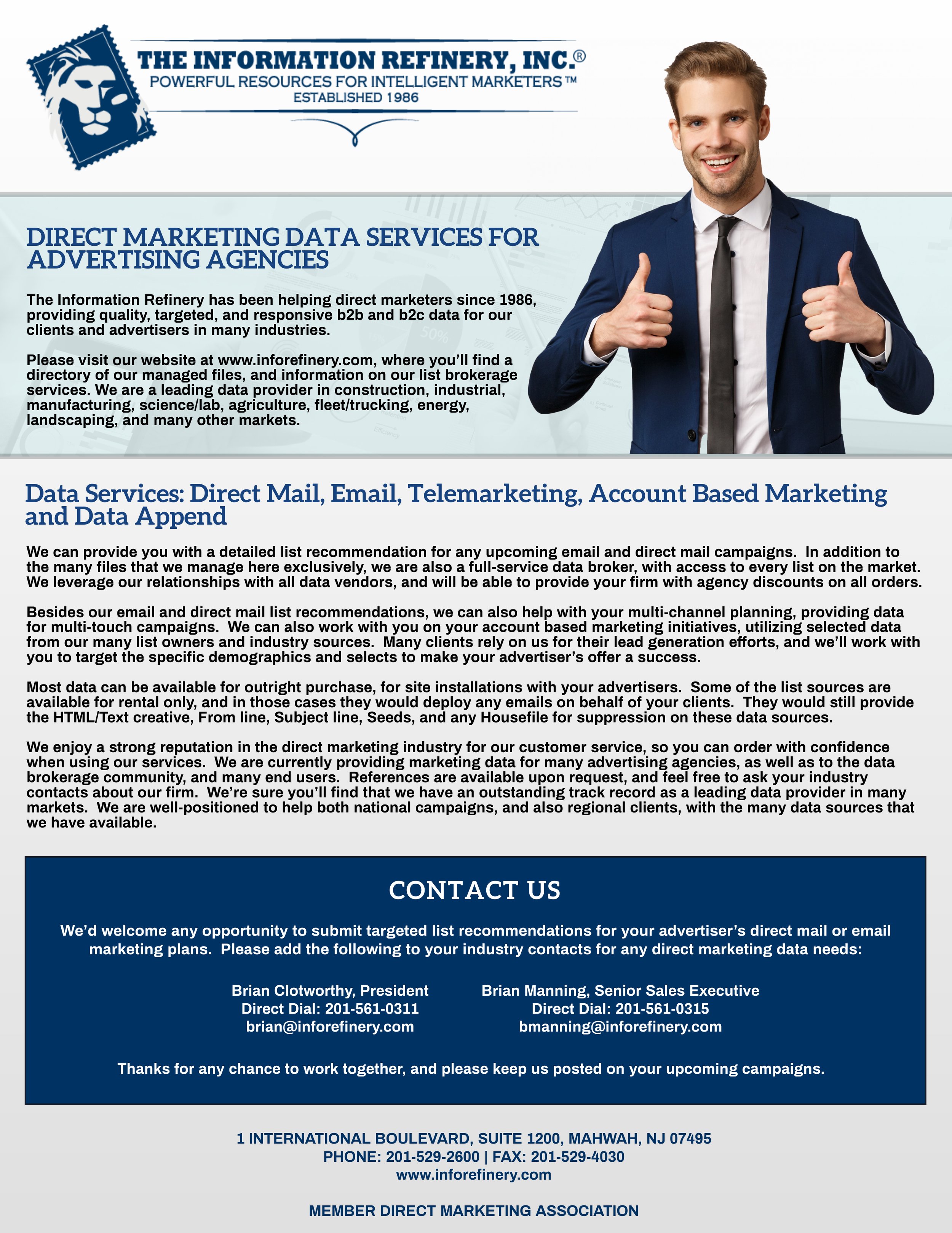 A promotional flyer for The Information Refinery, Inc., advertising direct marketing data services for advertising agencies. It includes a photo of a smiling man in a suit giving two thumbs up, and details about the company's services, contact information, and website.