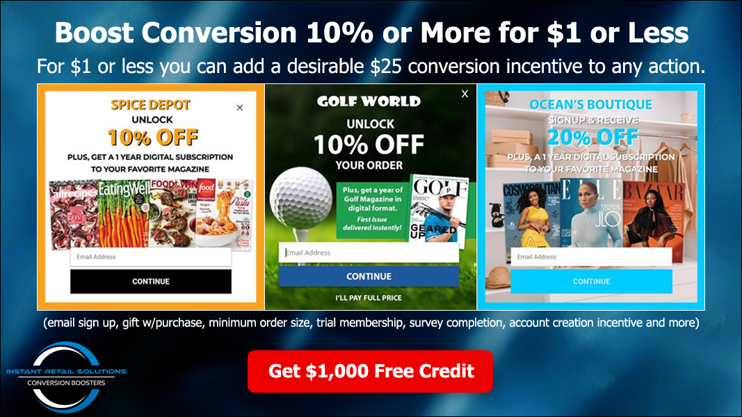 Promotion for boosting online conversion rates with options for discounts on subscription magazines, golf product, and fashion magazine, along with a red button offering $1,000 free credit.