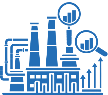 Illustration of a factory with smokestacks, magnifying glasses highlighting bar graphs, and upward trending arrows representing industrial growth and data analysis.