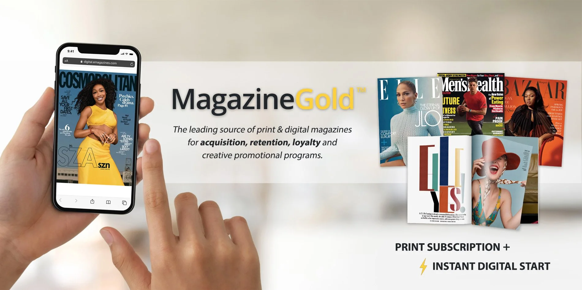 Advertisement for Magazine Gold showing a hand holding a smartphone with a magazine cover featuring a smiling woman in a yellow dress. The background displays several magazine covers, including Elle, Men's Health, Harper's Bazaar, and others. Text highlights print subscriptions and instant digital start.