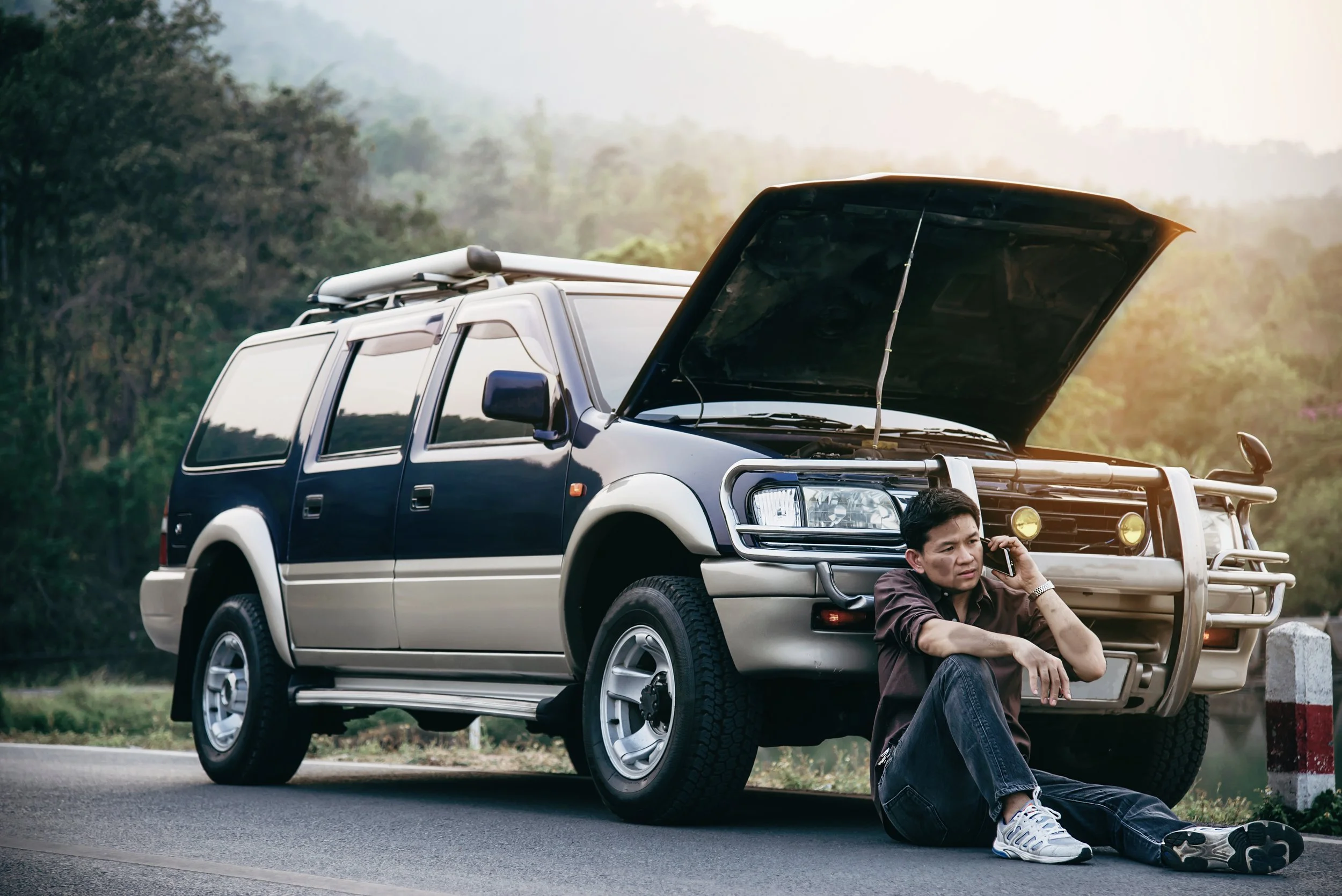 A man sitting on the side of a road with a car's hood open, talking on his cellphone, with a landscape of trees and a sunset in the background.