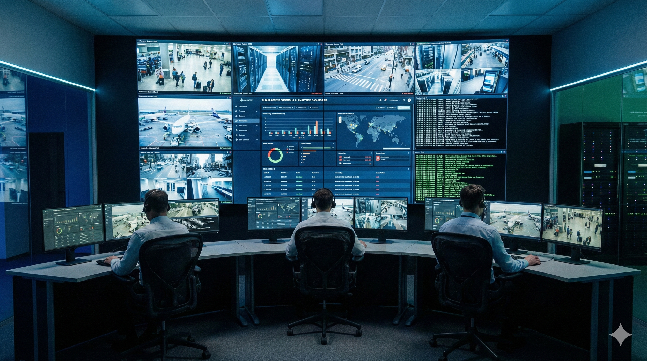 Operators in a modern Security Operations Center monitor cloud-based access control systems and live video feeds on a large video wall, representing high-value recurring monthly revenue.