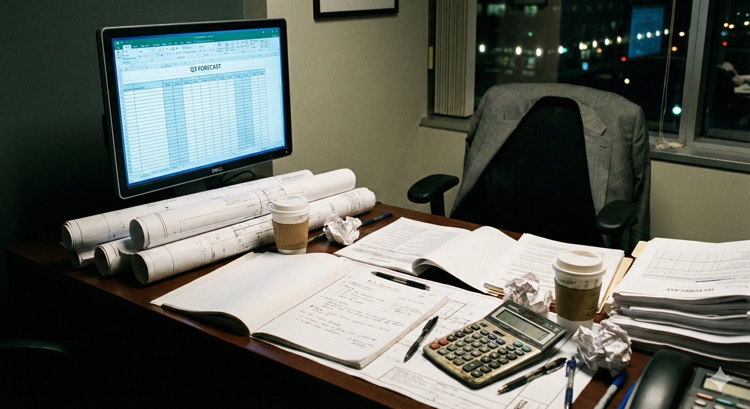 A cluttered desk at a security integration company late at night, covered in blueprints and bid documents, illustrating the stressful feast-or-famine cycle of project-based revenue.