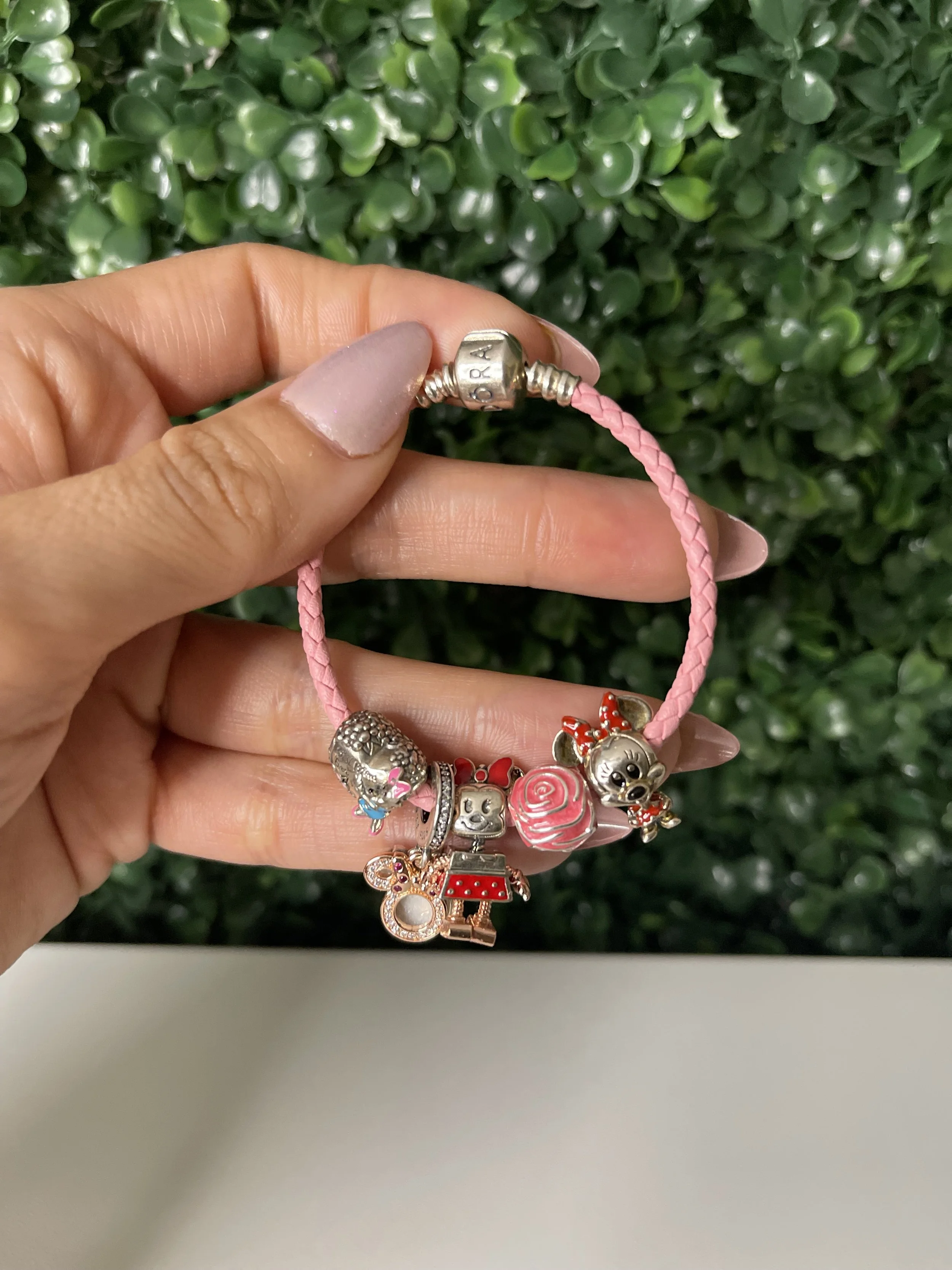 Pink Pandor@ Minnie Mouse Leather Bracelet w/charms
