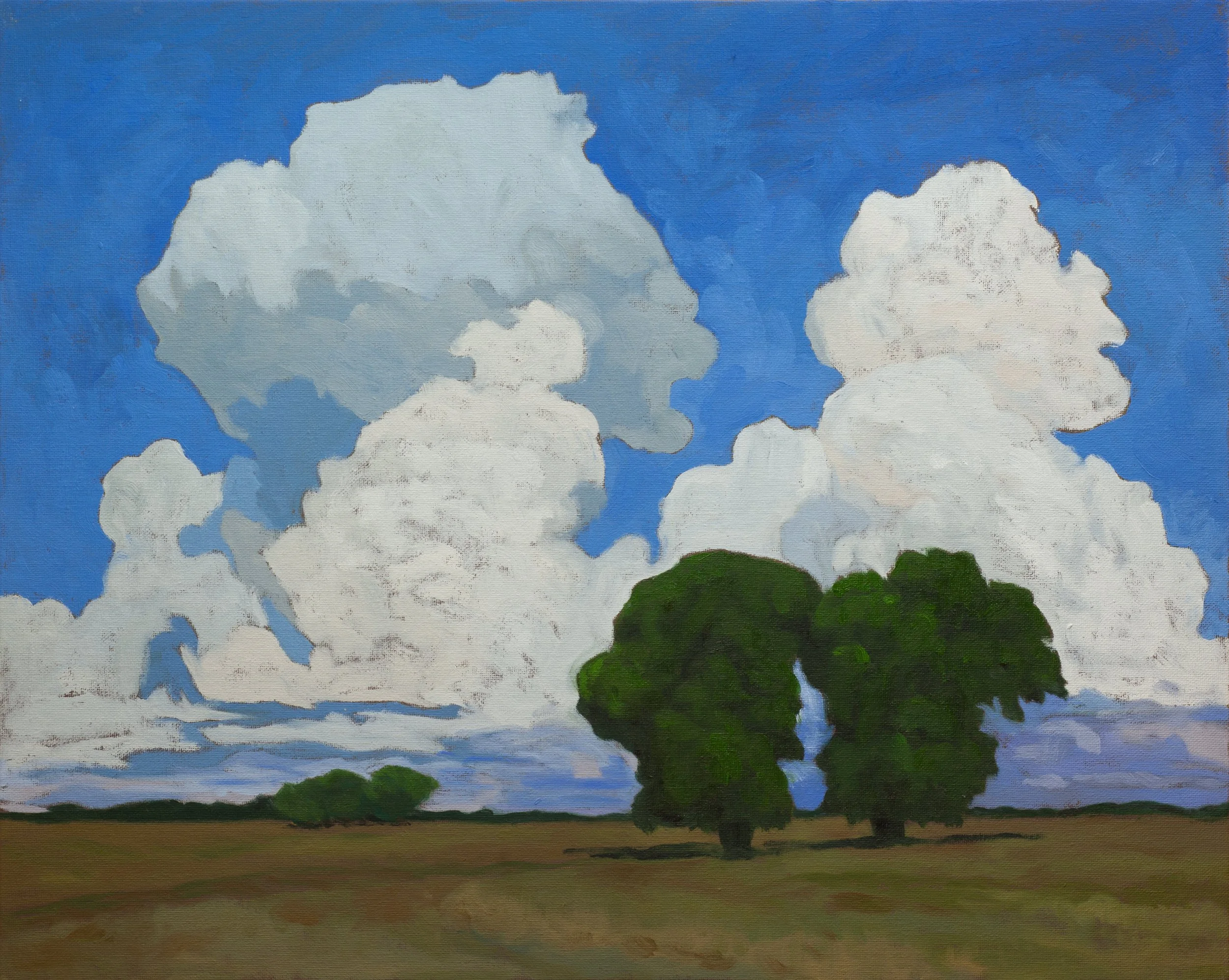 Landscape painting of a field with two prominent green trees in the foreground and three smaller trees in the distance, under a bright blue sky filled with large fluffy white clouds.