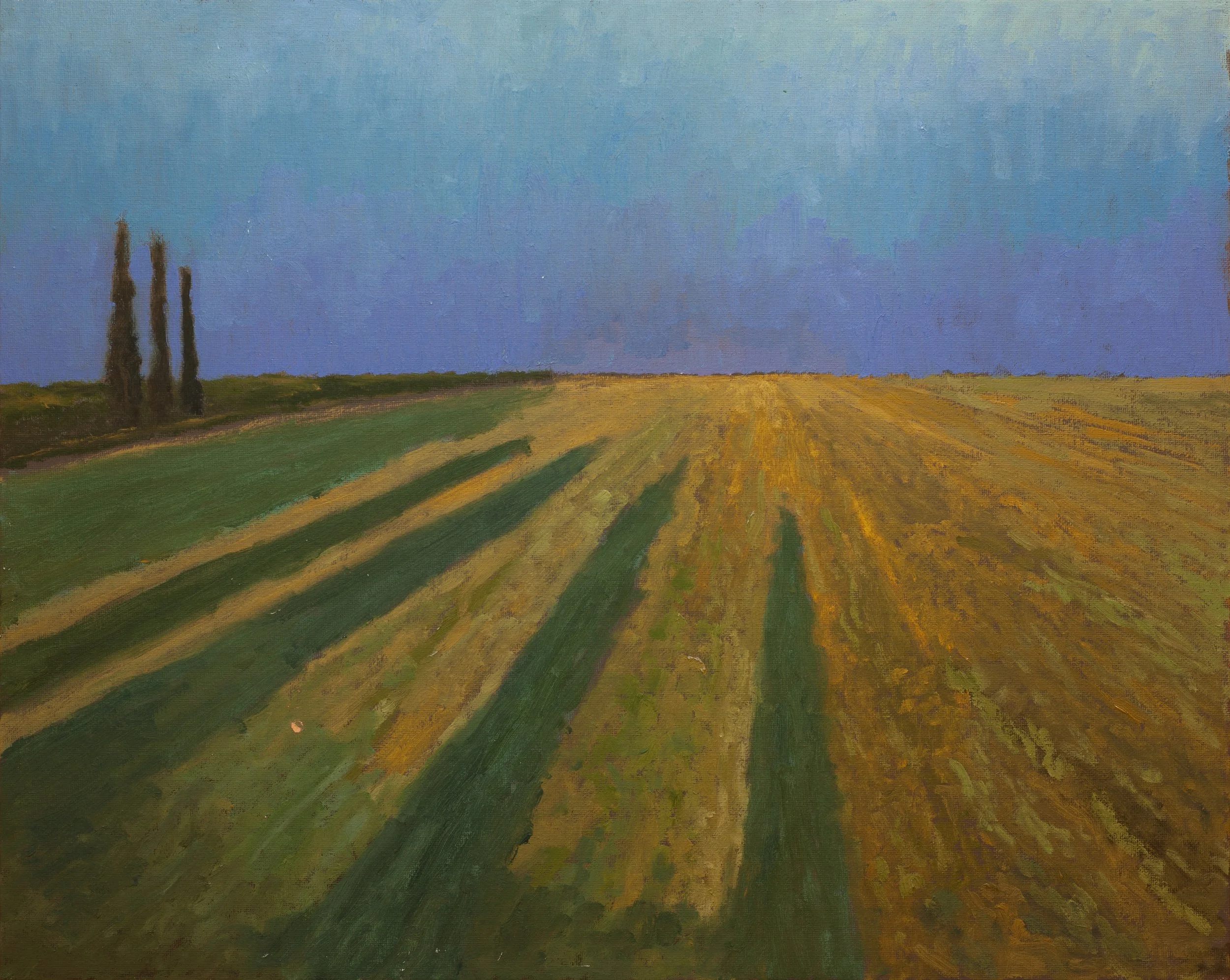 A landscape painting of a vast field with rows of green and yellow crops under a blue sky, with three tall trees on the left side.