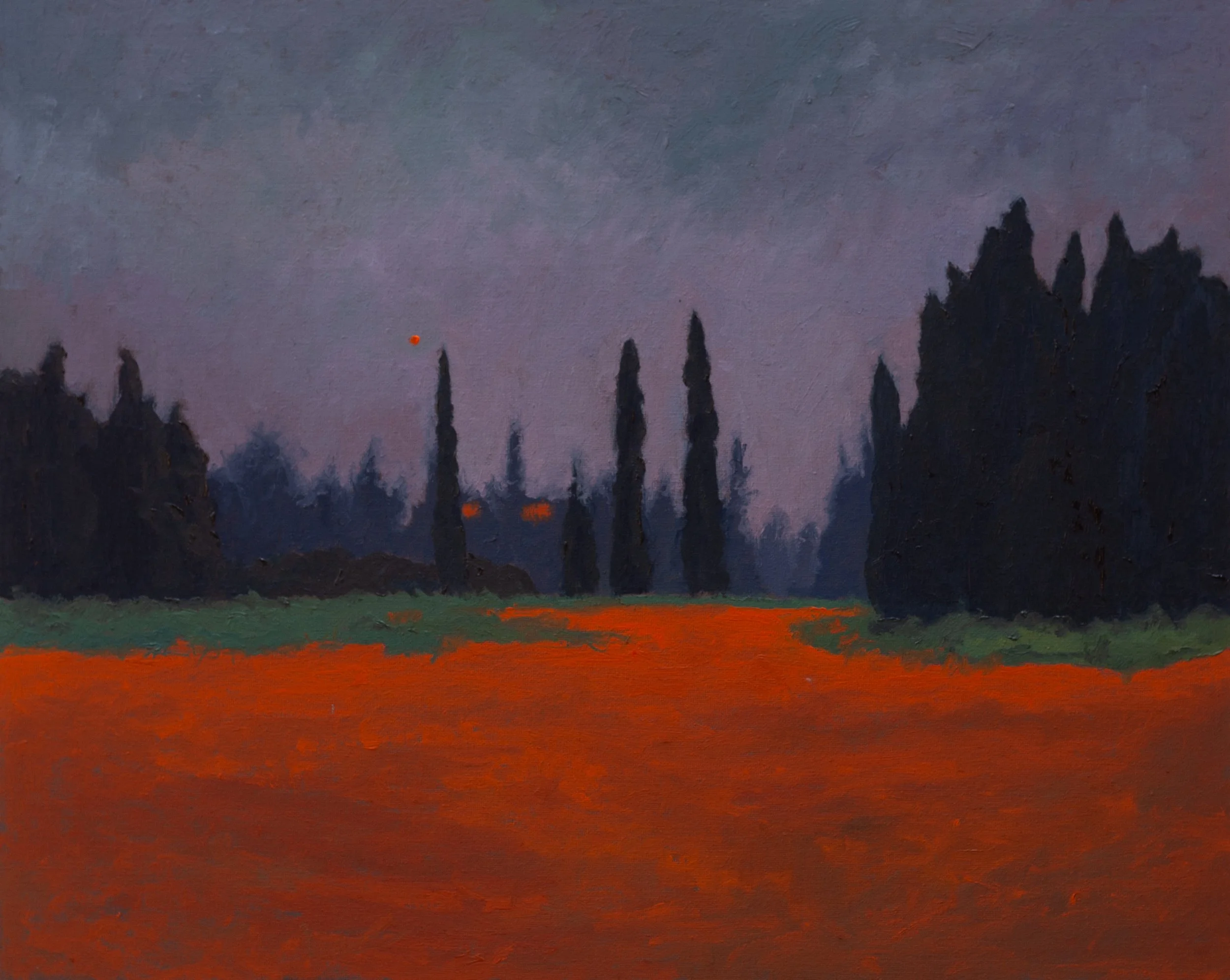 A landscape painting of a sunset or dusk scene with a dark purple sky, a few glowing orange lights, and tall, dark trees along the horizon. The foreground is an open field with reddish-orange tones.