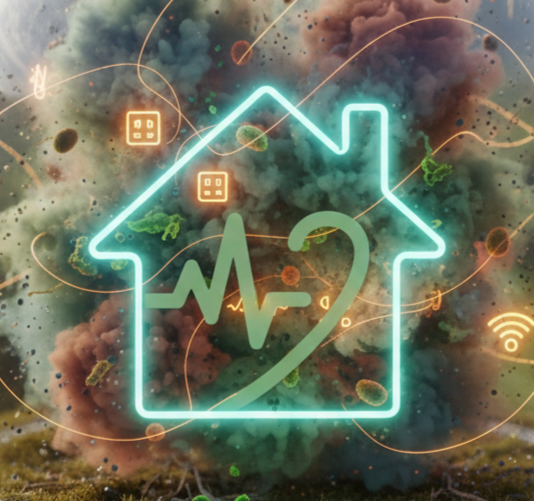 Neon outline of a house with a heartbeat line and number 2 inside, surrounded by a colorful, cloud-like background with small icons of Wi-Fi, buttons, and bacteria nearby.