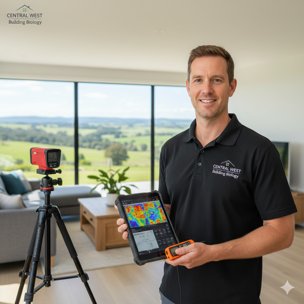A man smiling indoors holding a thermal imaging device and a tablet displaying thermal images, with a camera on a tripod beside him, in a room with large windows overlooking a green landscape.