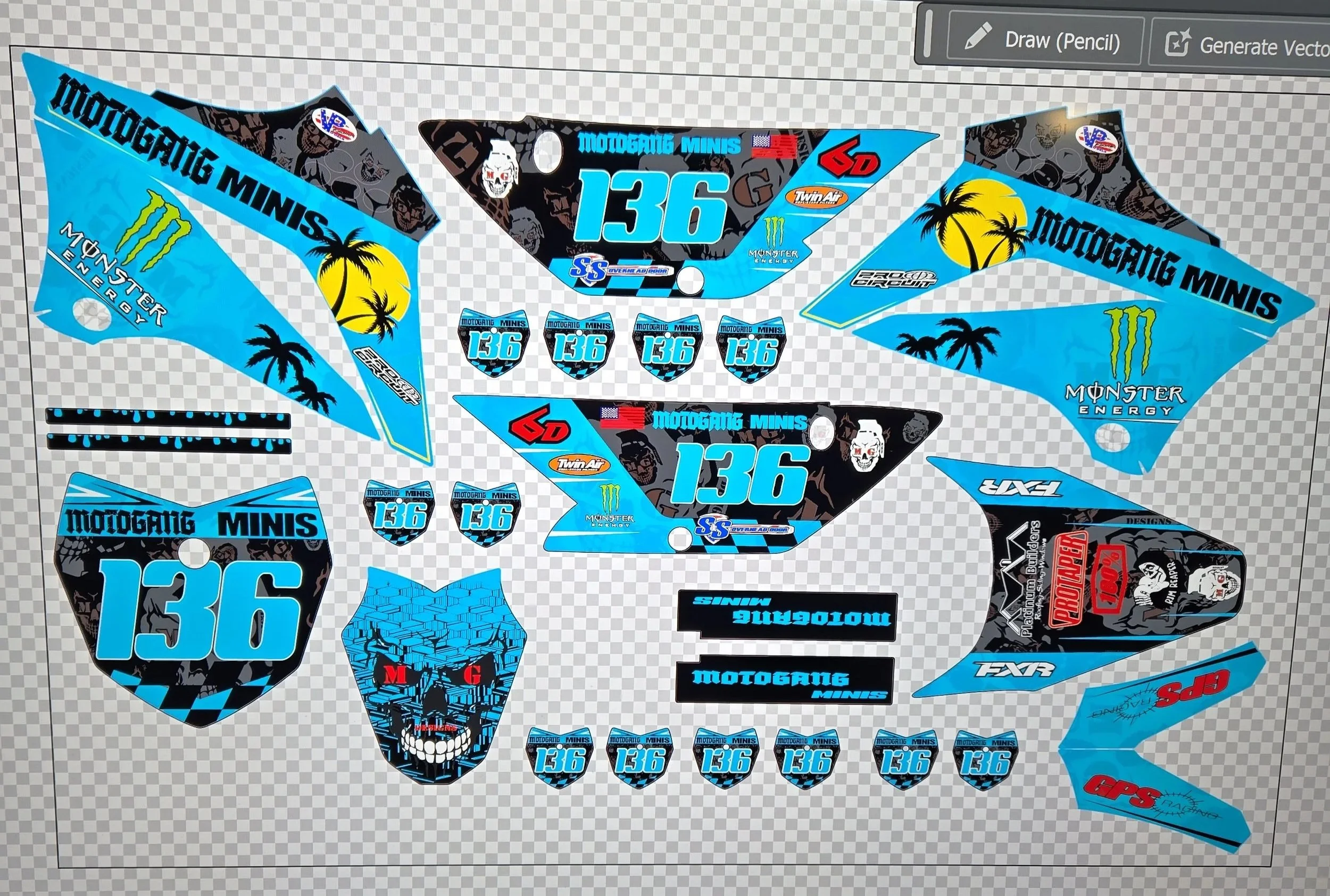 Collection of motocross racing graphics and decals with blue, black, and red designs, featuring the number 136, monster energy logo, palm trees, skulls, and various brand logos.