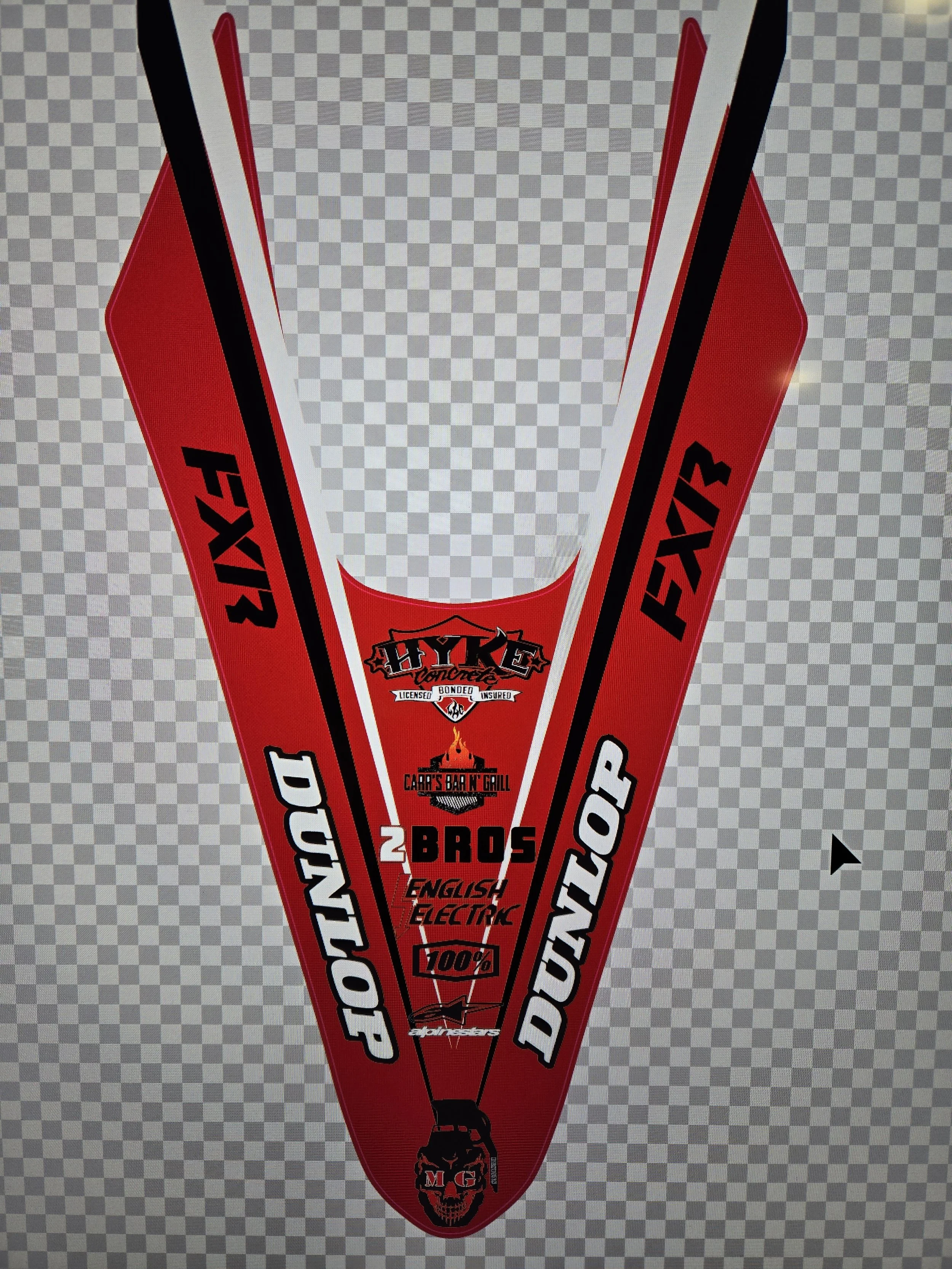 Red wheels with racing stickers and logos, including 'FXR,' 'DUNLOP,' '2 BROS,' and a skull graphic, viewed from above.