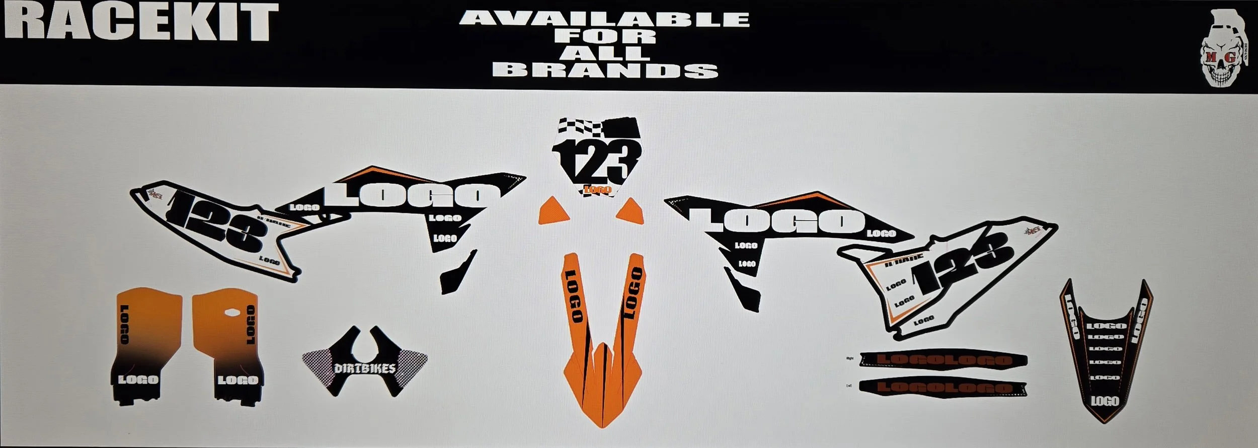 Graphic decal sheet for motocross or mountain bike graphics, featuring various shapes with placeholder text 'LOGO' and number templates like 123 and 123.3, with a central orange and black directional graphic, and sections labeled 'DIRTBIKES' and 'LOG