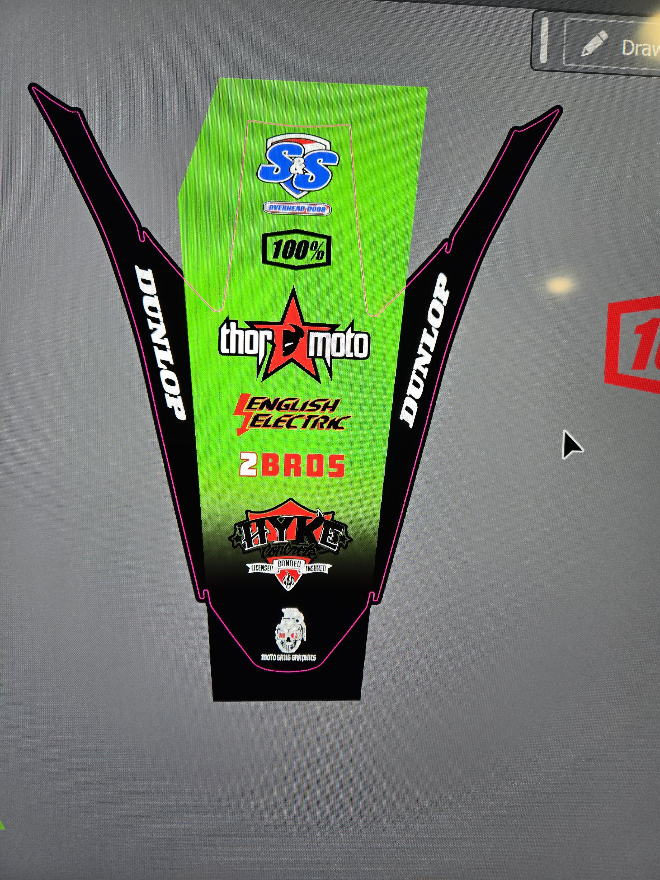 Graphics with various motorcycle brand logos, including Thor Moto, English Electric, 2 Bros, and Hyde, on a racing fairing design with a green background and black sides with white DUNLOP text.