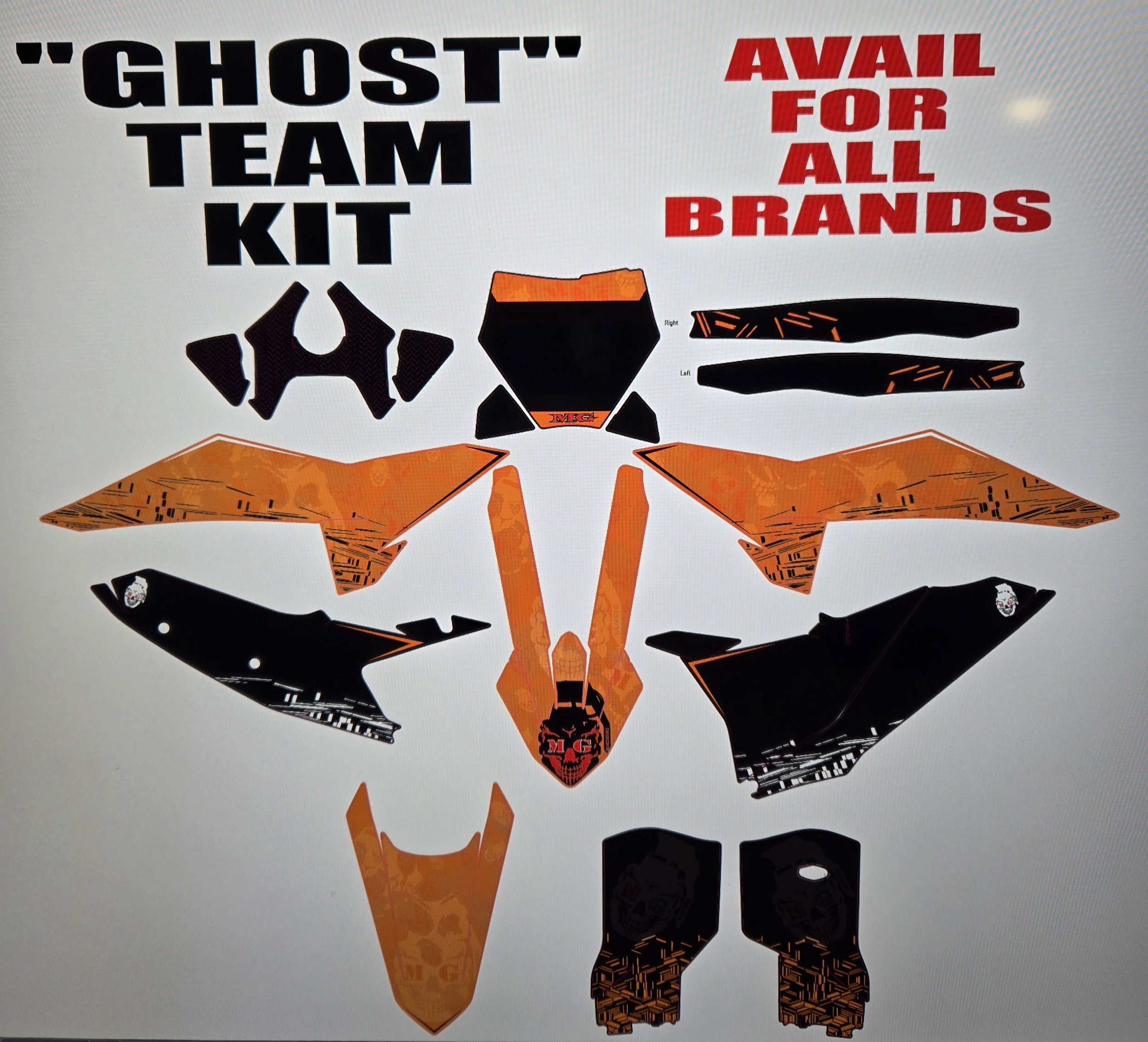 Graphic of motocross graphics and decals with the text "Ghost Team Kit" and "Available for All Brands".