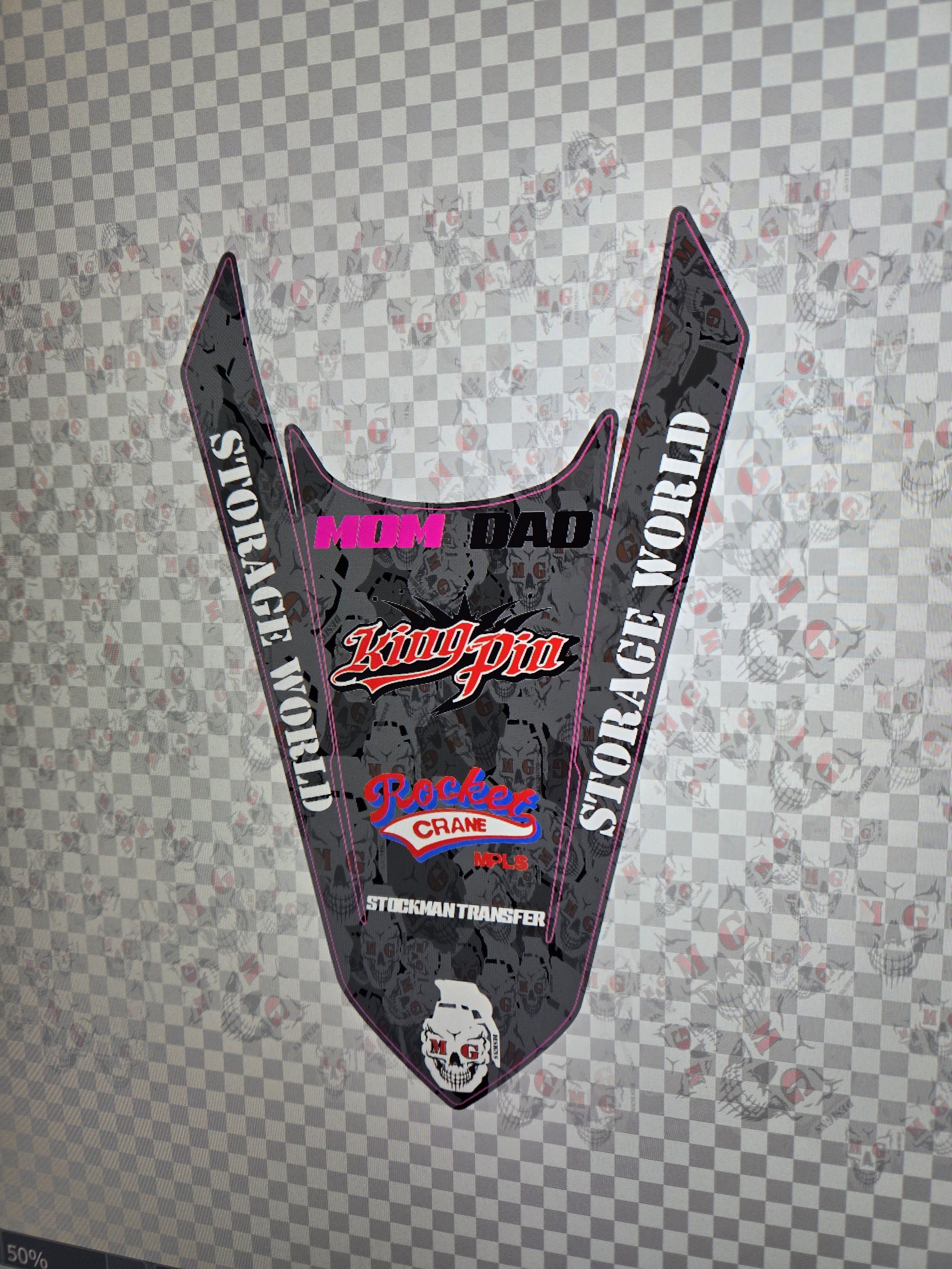 A sticker or decal featuring a design with various logos and text related to storage, racing, and trucking, including prominent words like 'King Pin', 'Rockers Crane', and 'Storage World', on a checkered background.