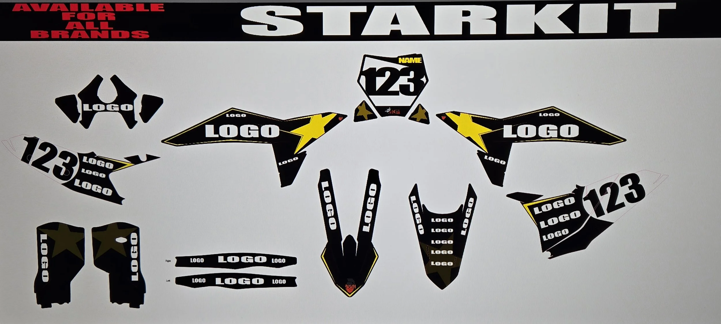 Set of motorcycle decals on a white background featuring black, yellow, and white designs with placeholder logos, numbers, and star symbols, including two wing-shaped decals, a front fender piece, fork guards, and additional smaller components for cu